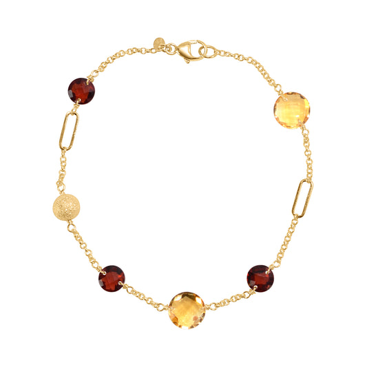 14k Gemstone Coin Fancy Chain Bracelet 7.25" Garnet & Citrine