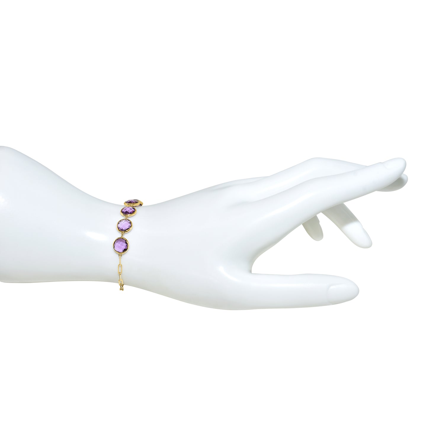 14k Amethyst 5 Round Bezel Paperclip Bracelet