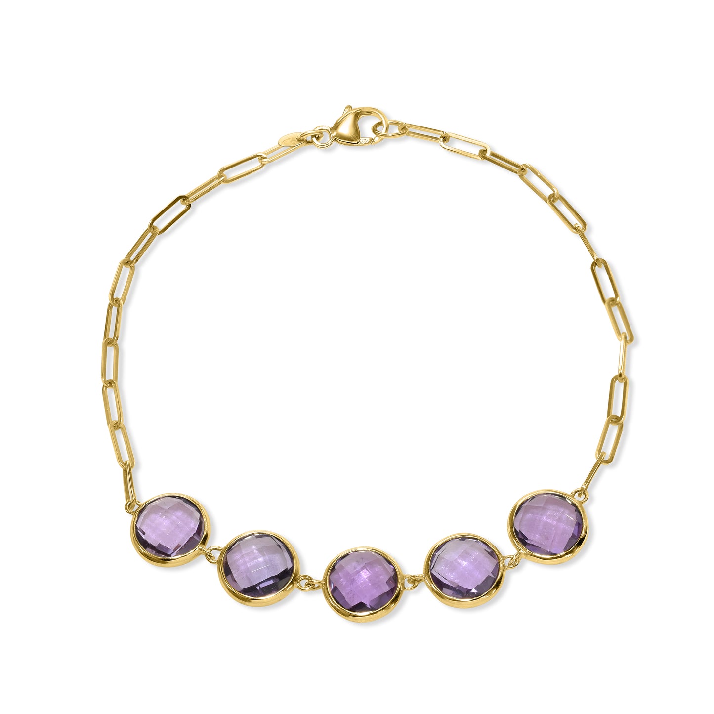 14k Amethyst 5 Round Bezel Paperclip Bracelet