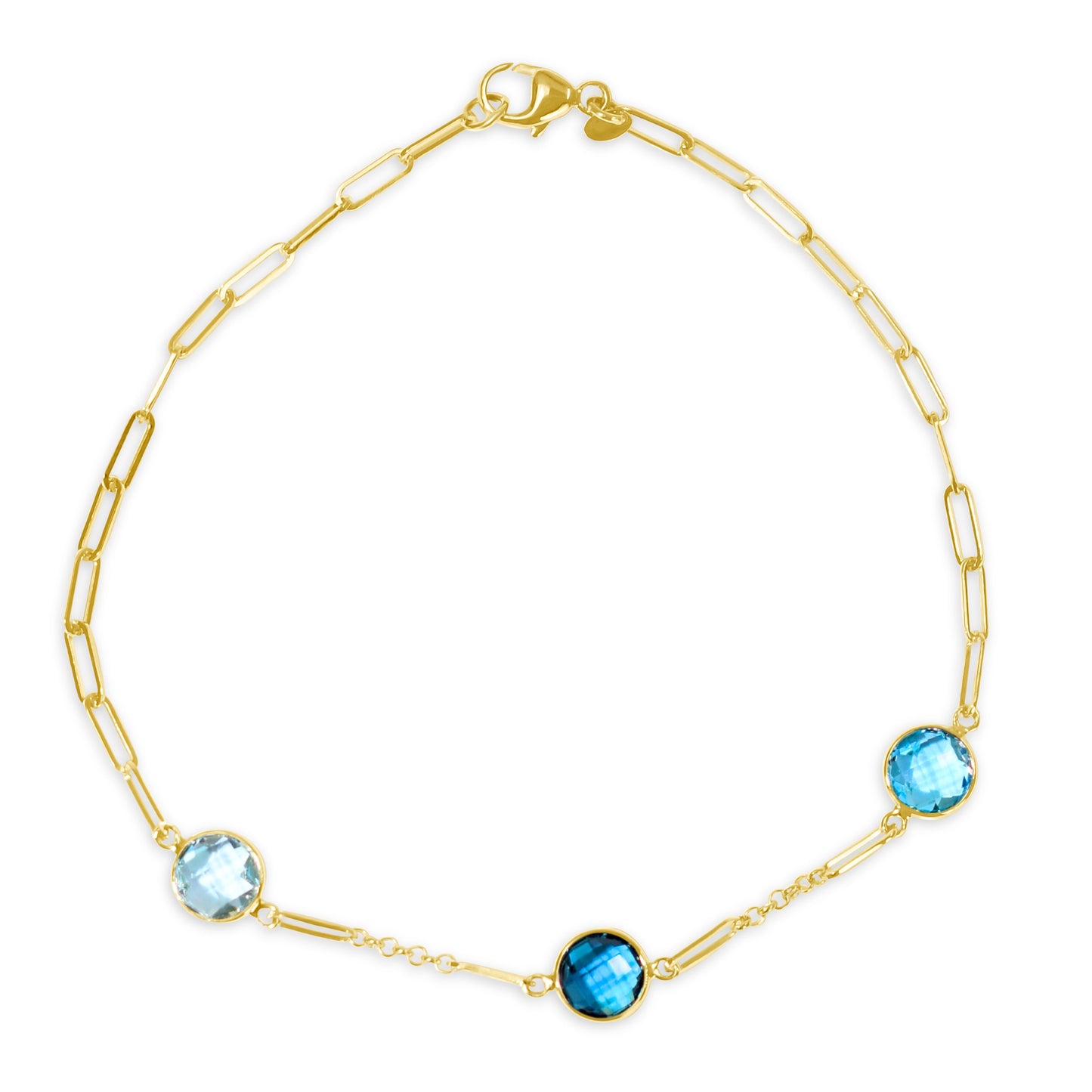 14k Multi Shade Blue Topaz 3 Station Paperclip Adjustable Bracelet