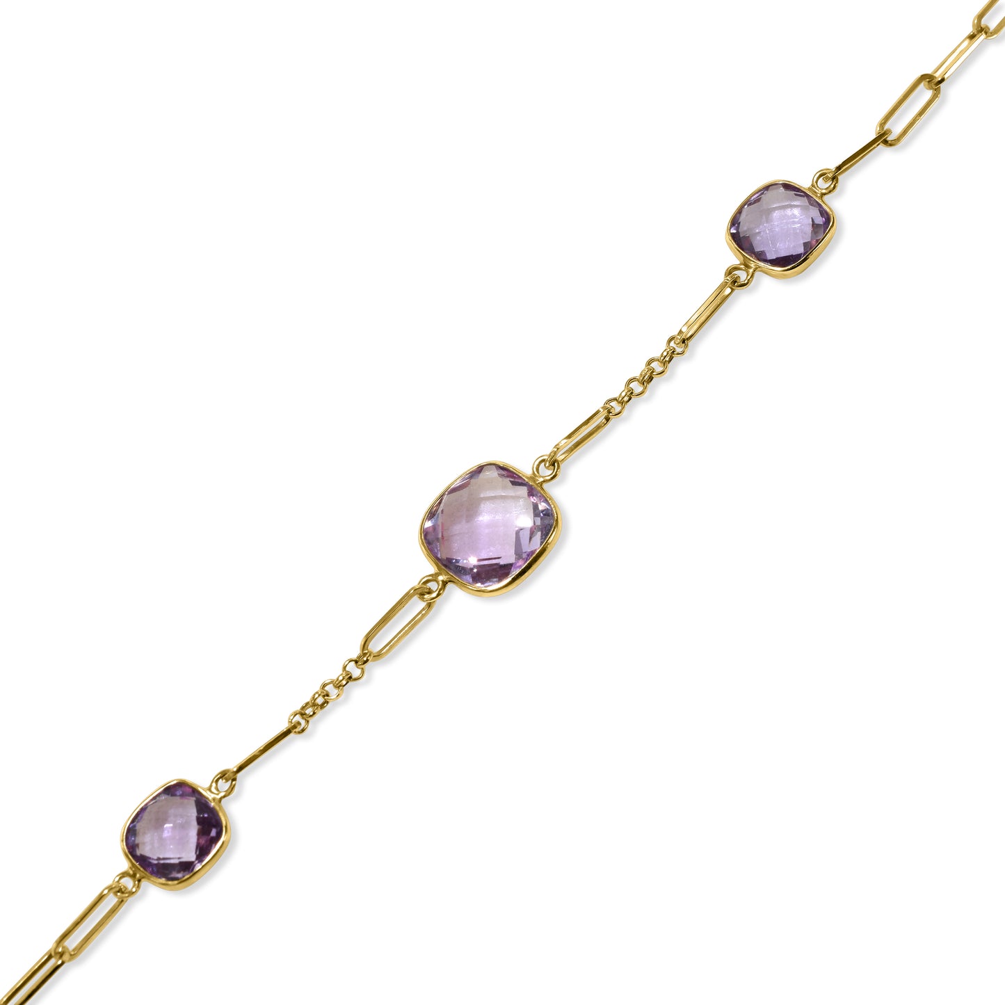 14k Amethyst Cushion Station Paperclip Bracelet