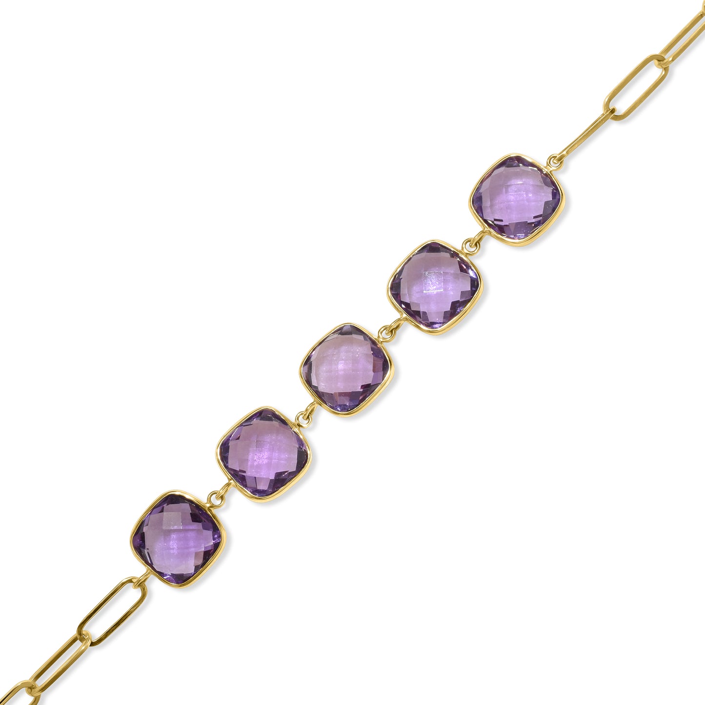 14k Amethyst 5 Cushion Bezel Paperclip Bracelet