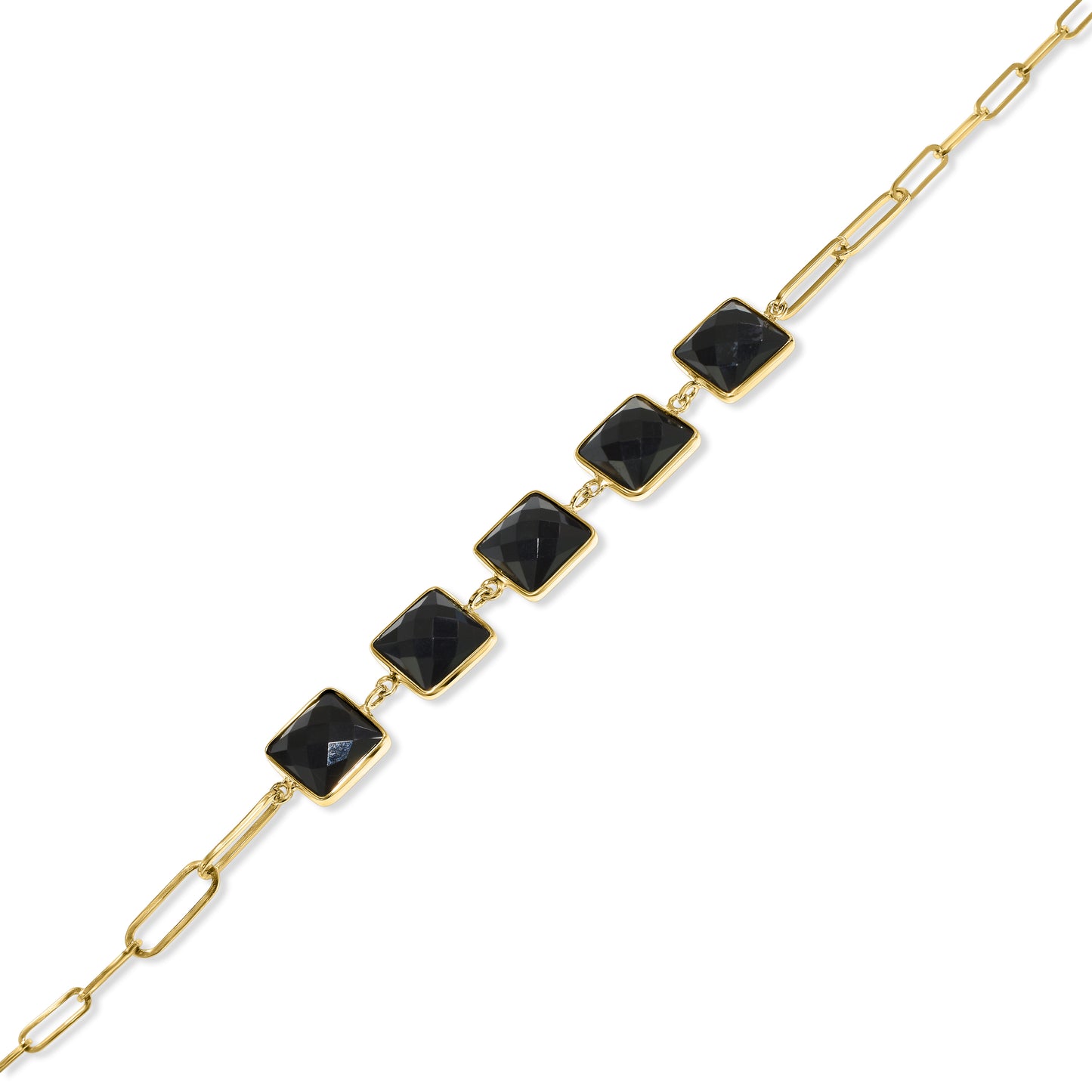 14k Black Onyx 5 Square Bezel Paperclip Bracelet