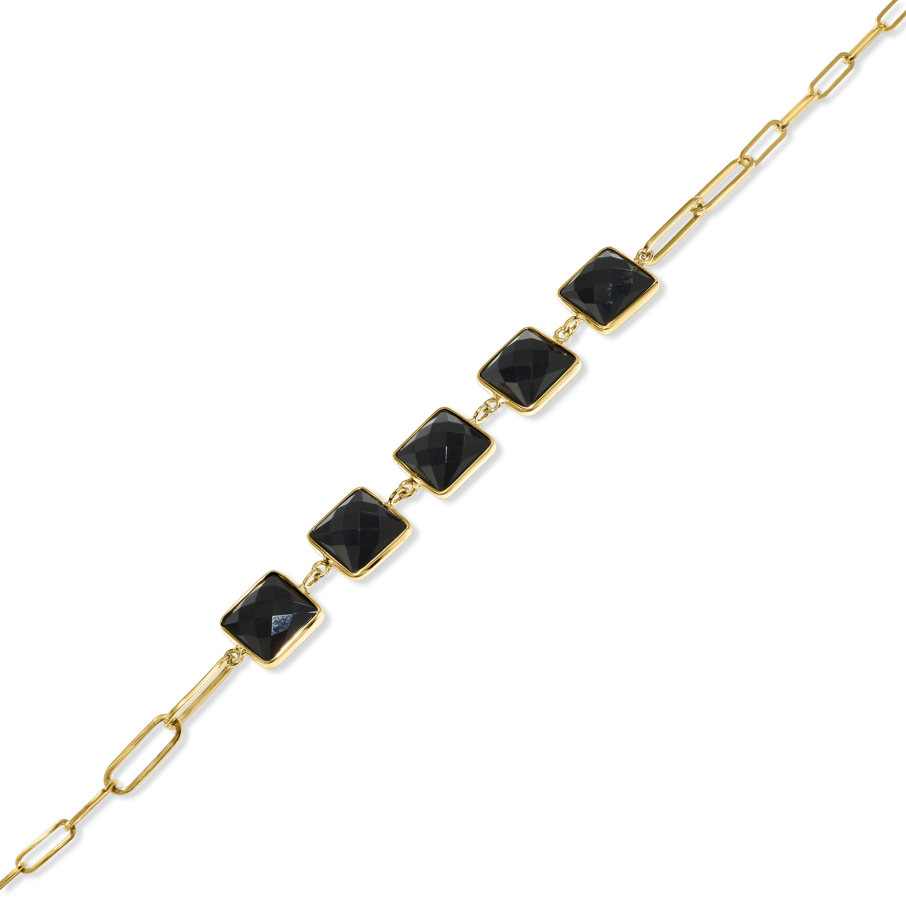 14k Black Onyx 5 Square Bezel Paperclip Bracelet
