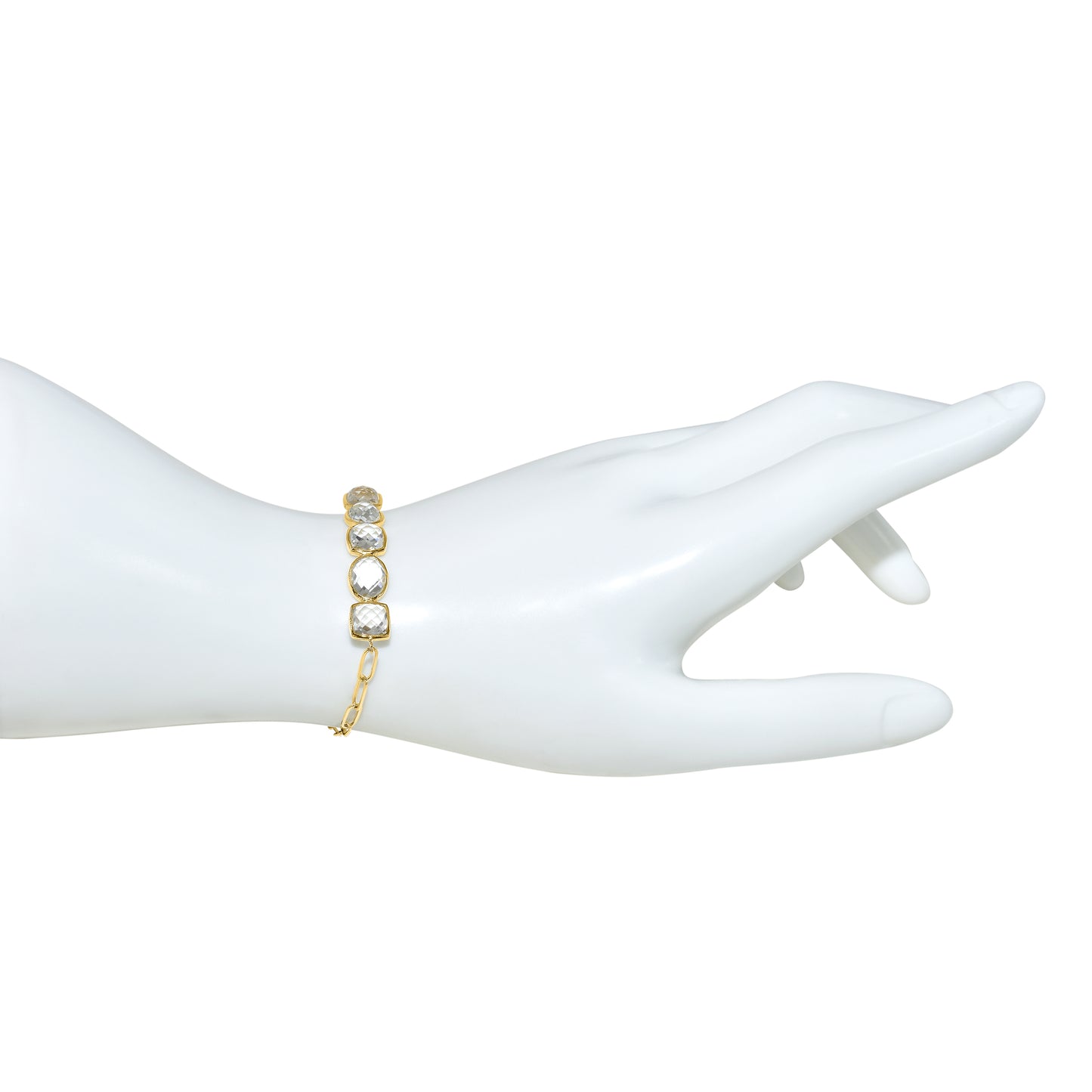 14k White Topaz Mixed Shape Bezel Bar Paperclip Bracelet