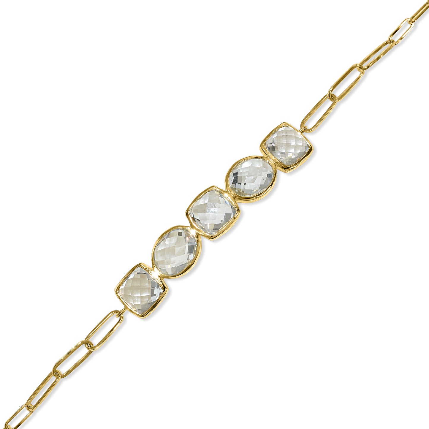 14k White Topaz Mixed Shape Bezel Bar Paperclip Bracelet