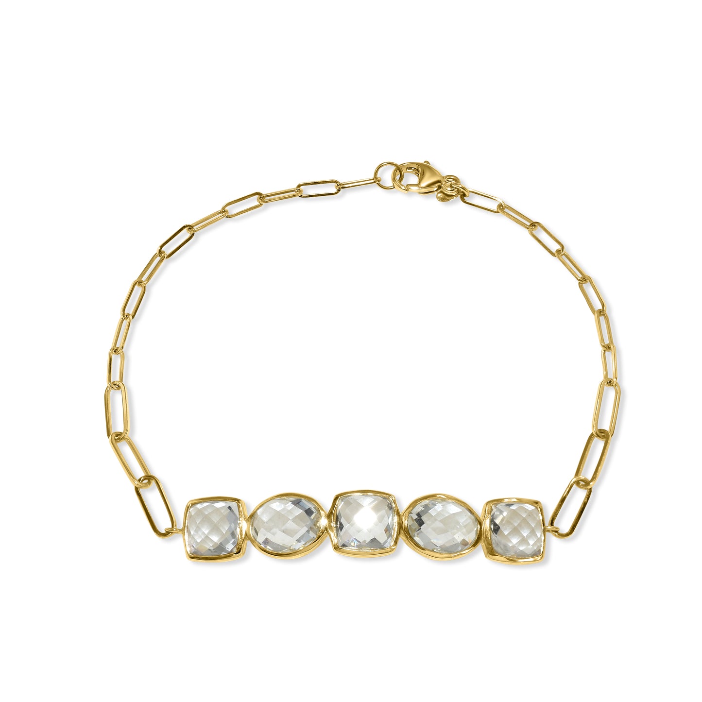 14k White Topaz Mixed Shape Bezel Bar Paperclip Bracelet
