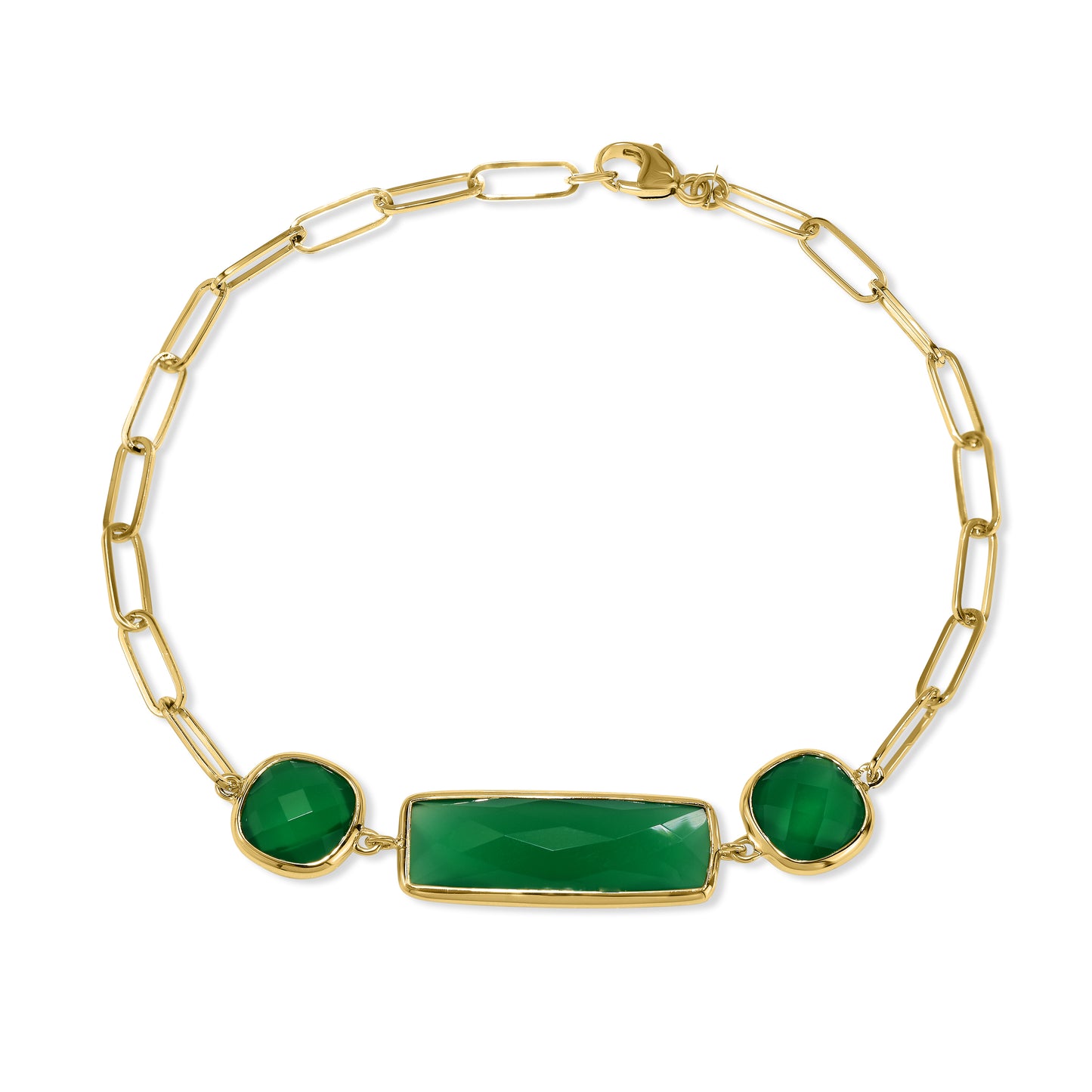 14k Green Onyx 3 Bezel Paperclip Bracelet