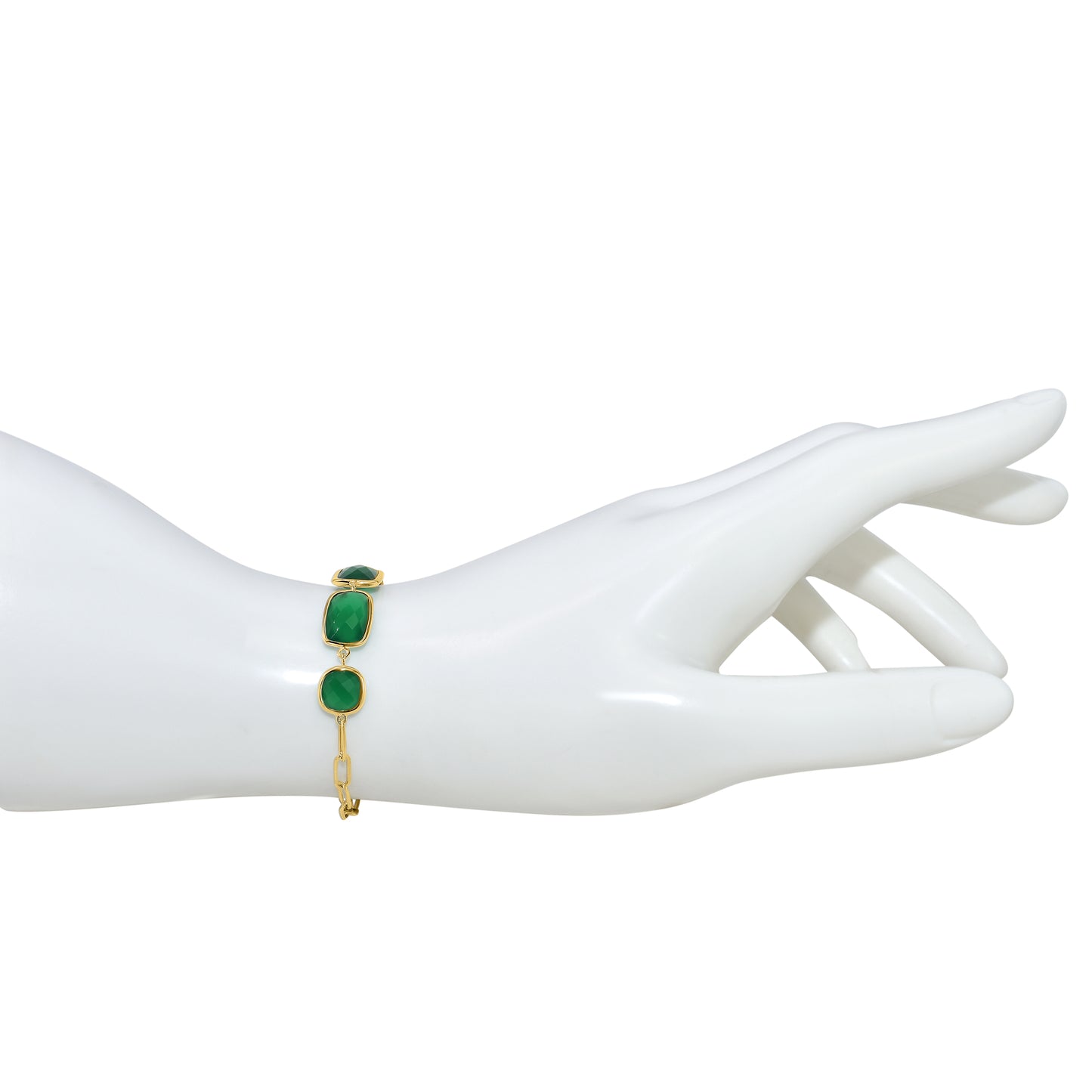 14k Green Onyx 3 Bezel Paperclip Bracelet