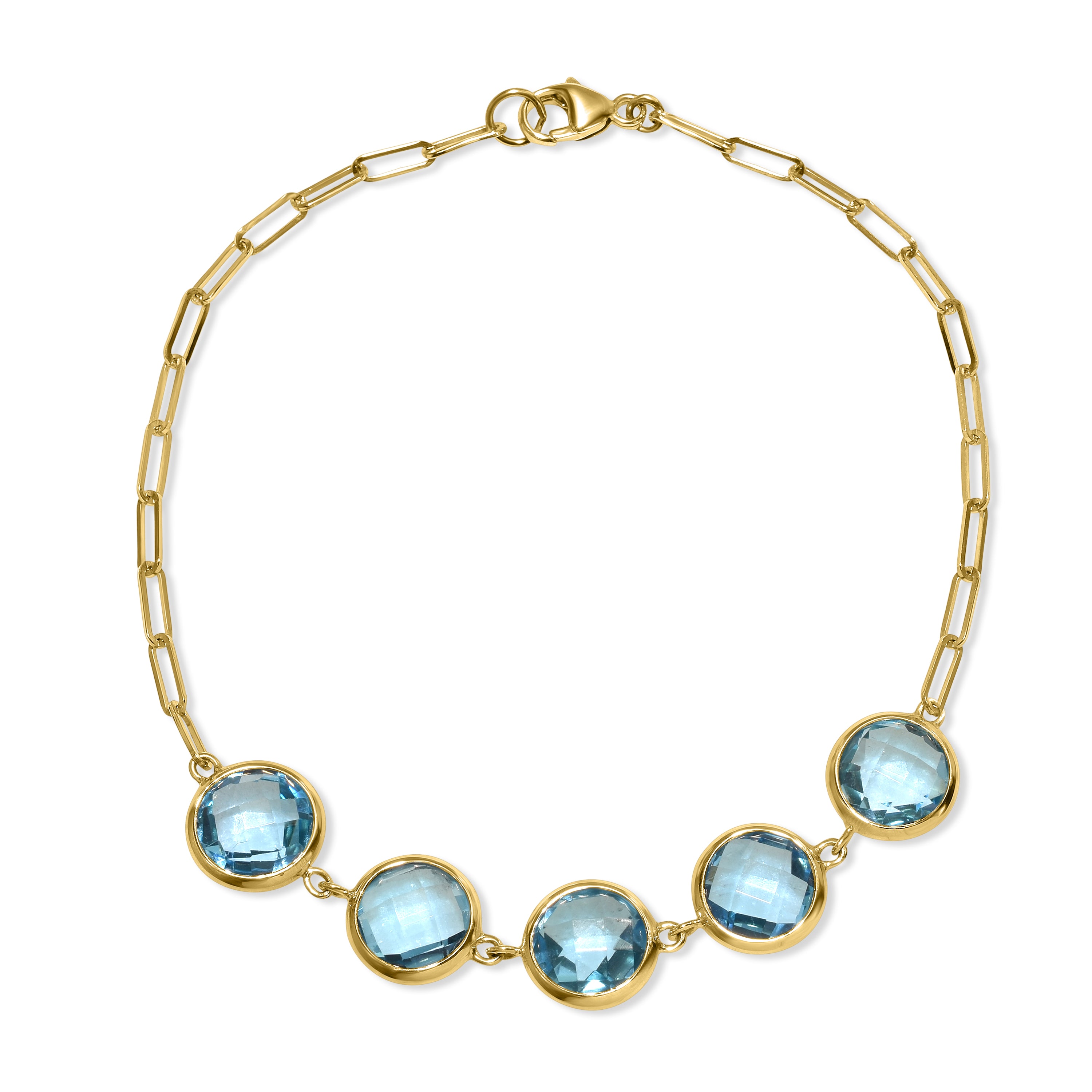14k Swiss Blue Topaz 5 Round Bezel Paperclip Bracelet