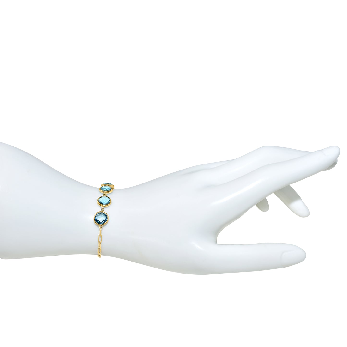 14k Swiss Blue Topaz 5 Round Bezel Paperclip Bracelet