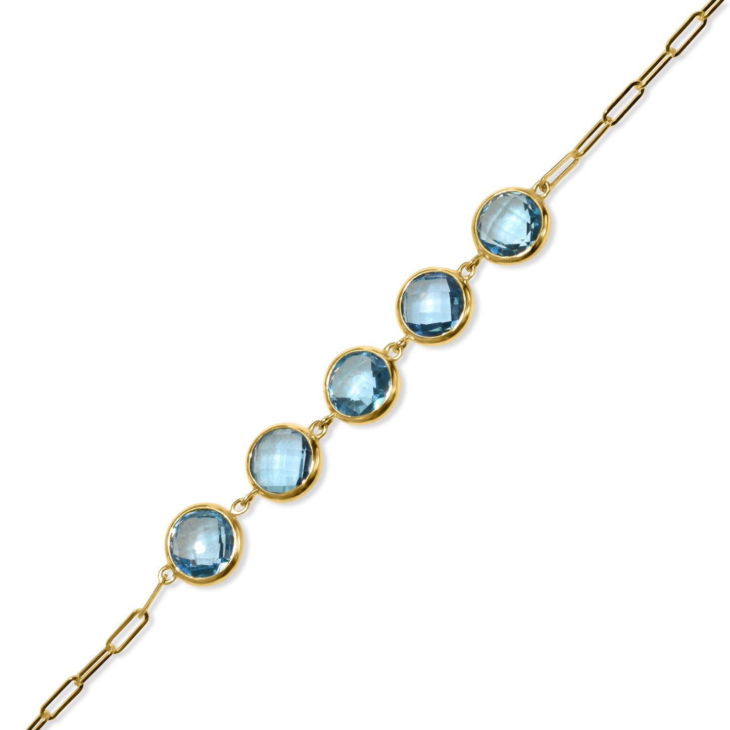 14k Swiss Blue Topaz 5 Round Bezel Paperclip Bracelet