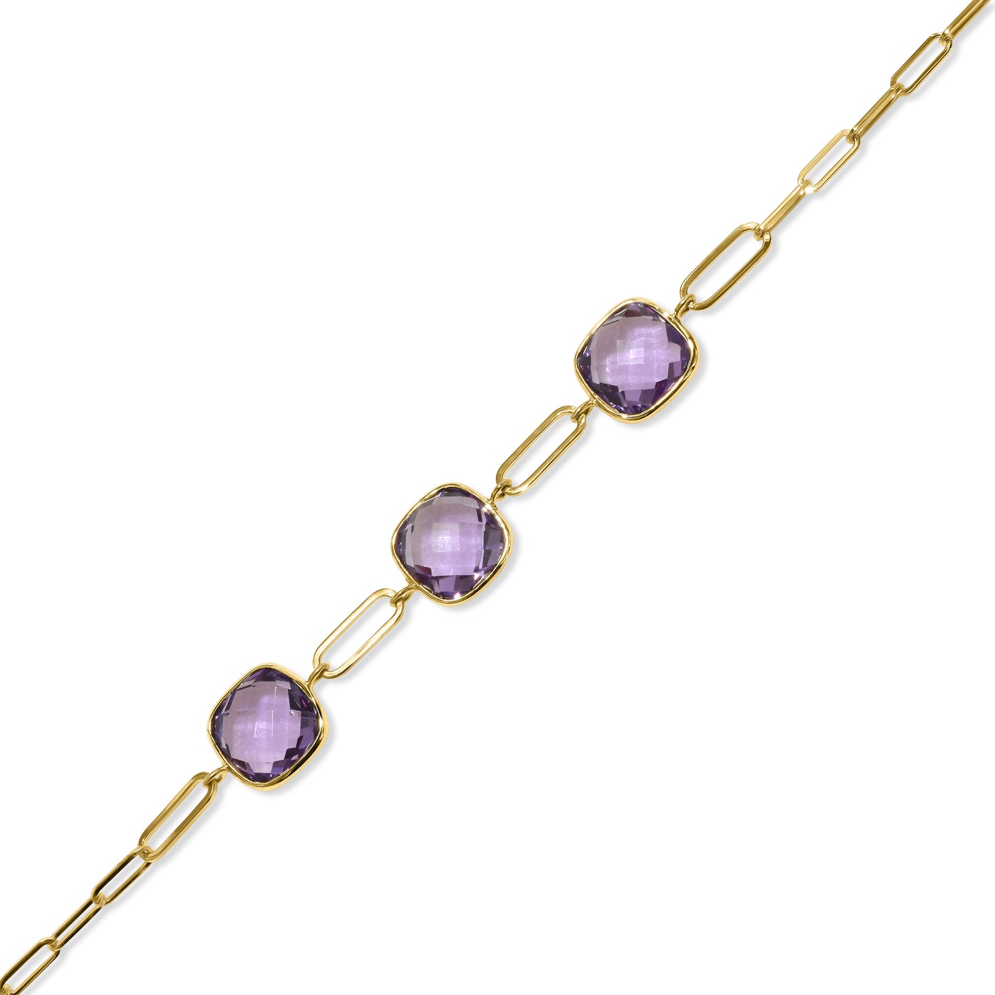 14k Amethyst 3 Cushion Bezel Paperclip Bracelet