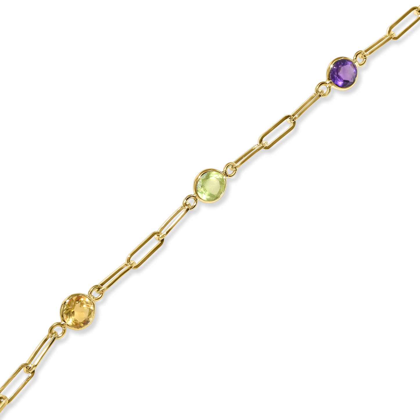 14k Multi Gemstone 7 Station Paperclip Bracelet