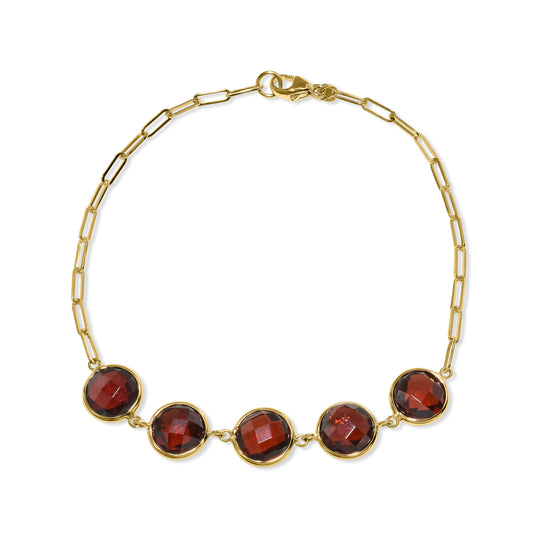 14k Garnet 5 Round Bezel Paperclip Bracelet