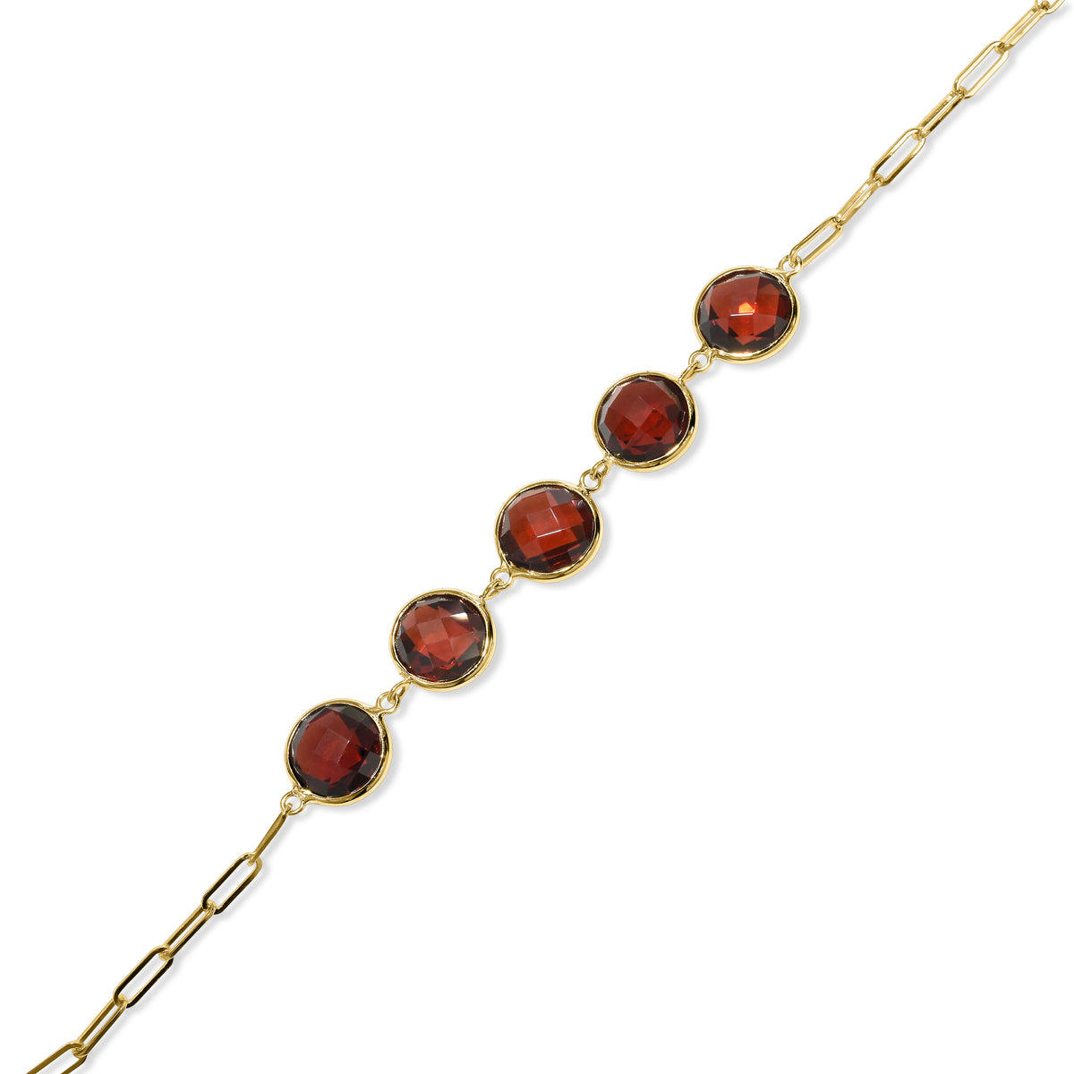 14k Garnet 5 Round Bezel Paperclip Bracelet