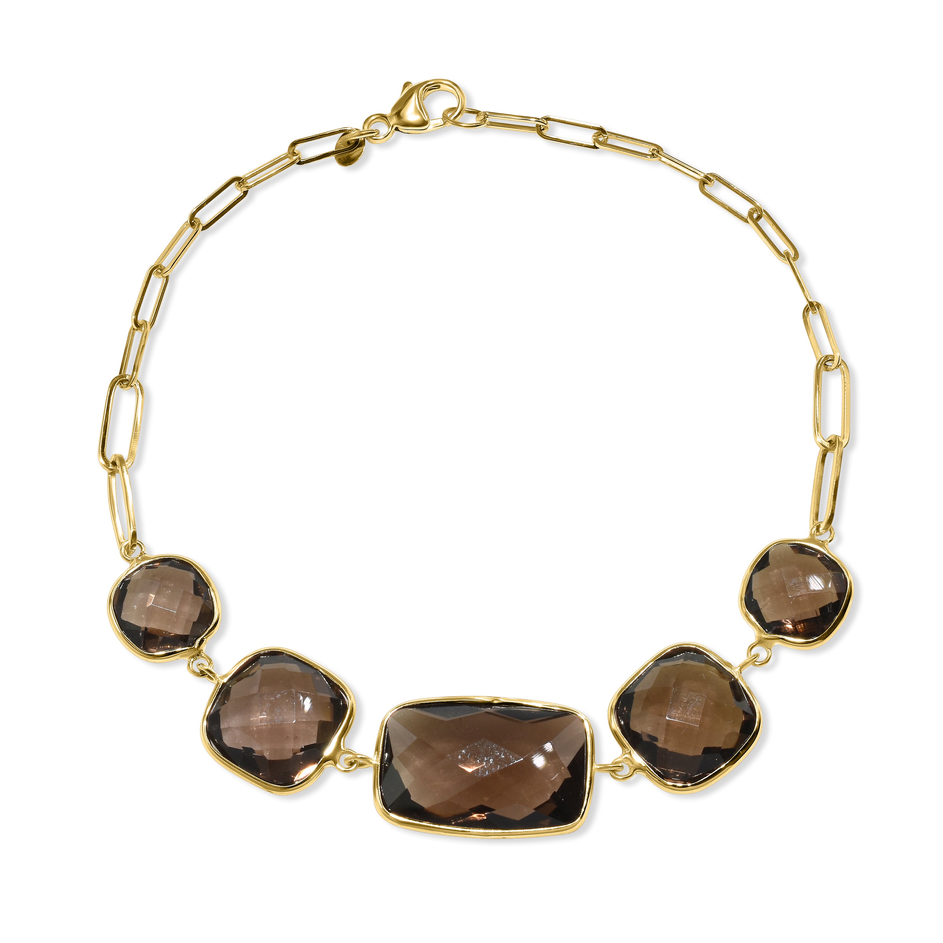 14k Smoky Quartz 5 Cushion Bezel Paperclip Bracelet