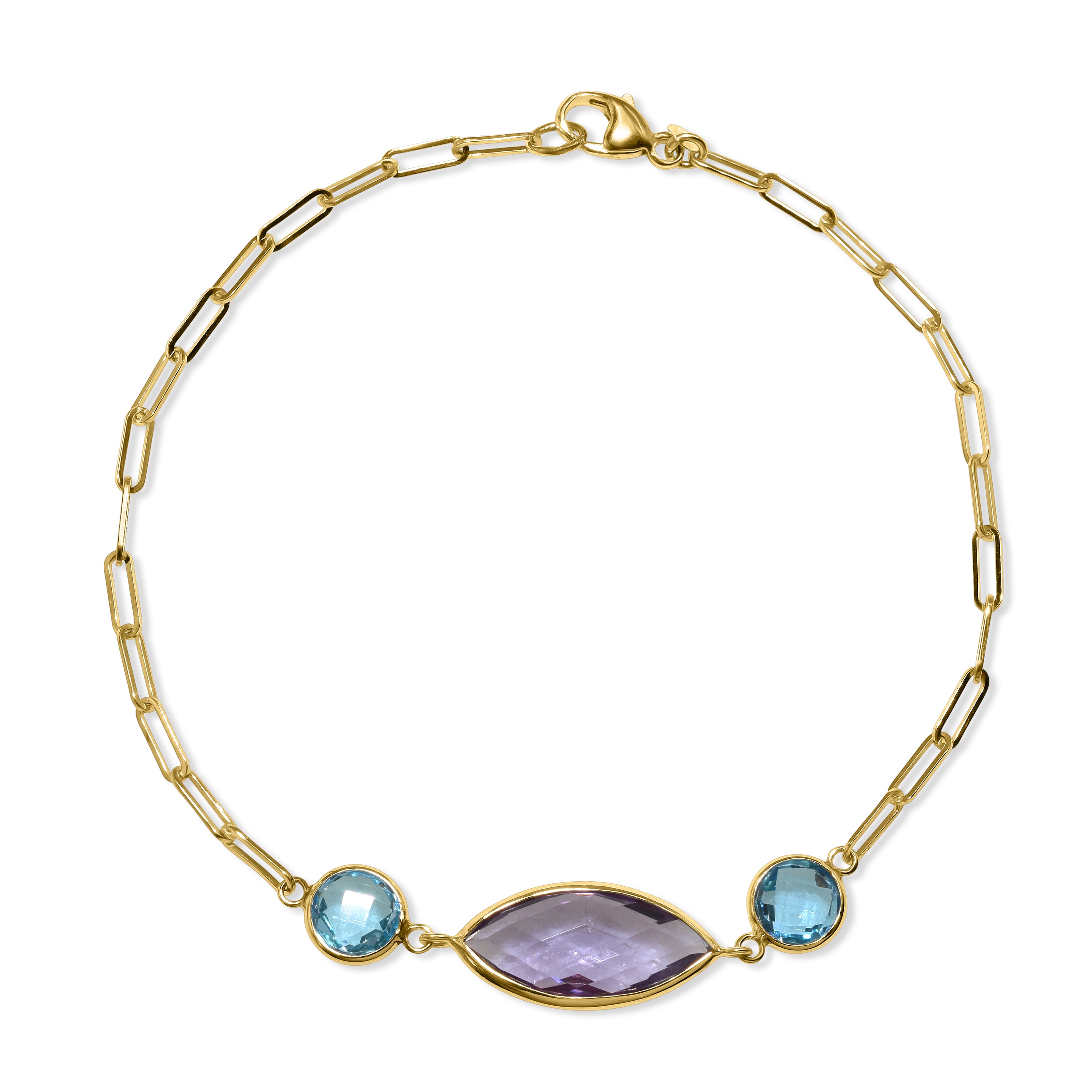 14k Swiss Blue Topaz Amethyst Paperclip Bracelet