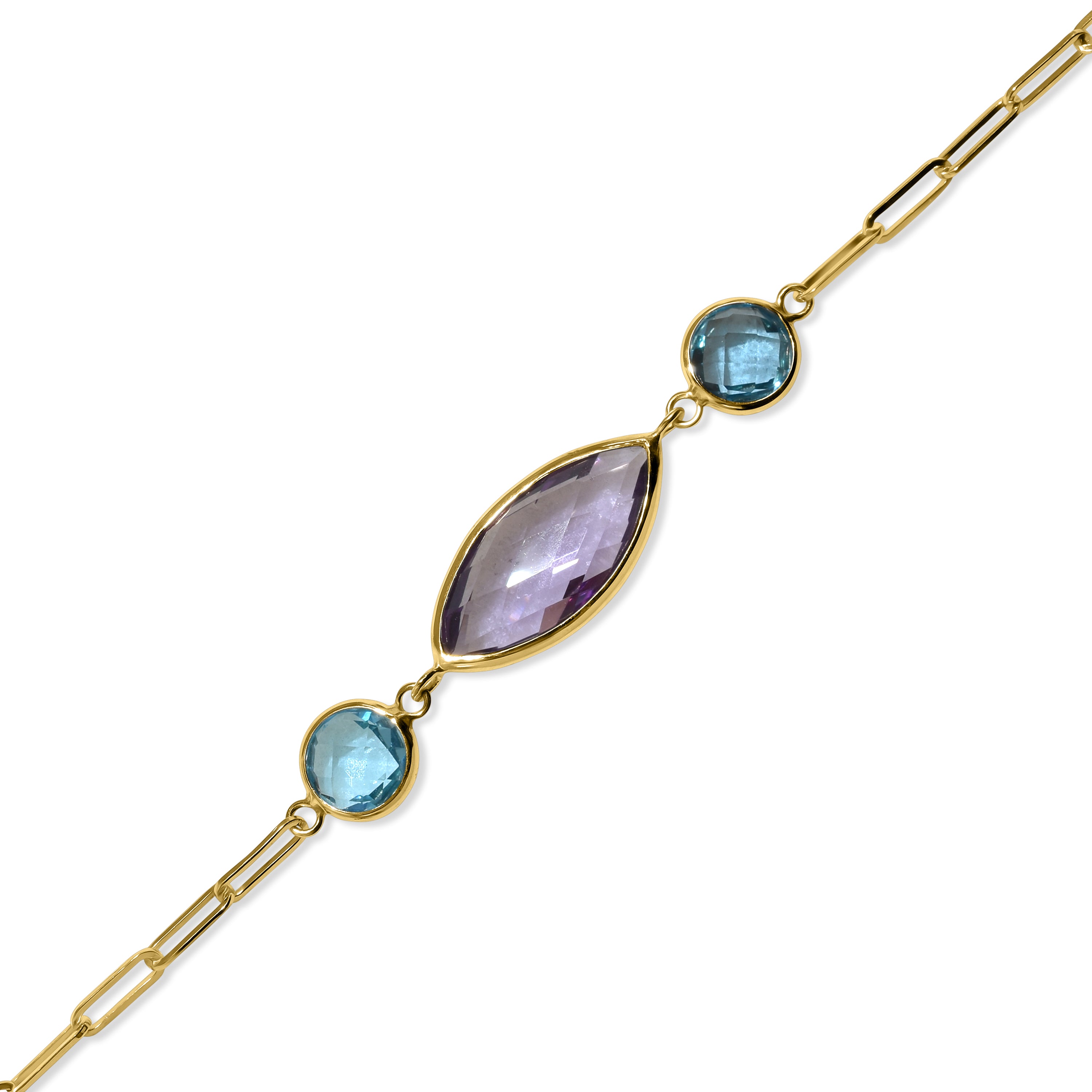 14k Swiss Blue Topaz Amethyst Paperclip Bracelet