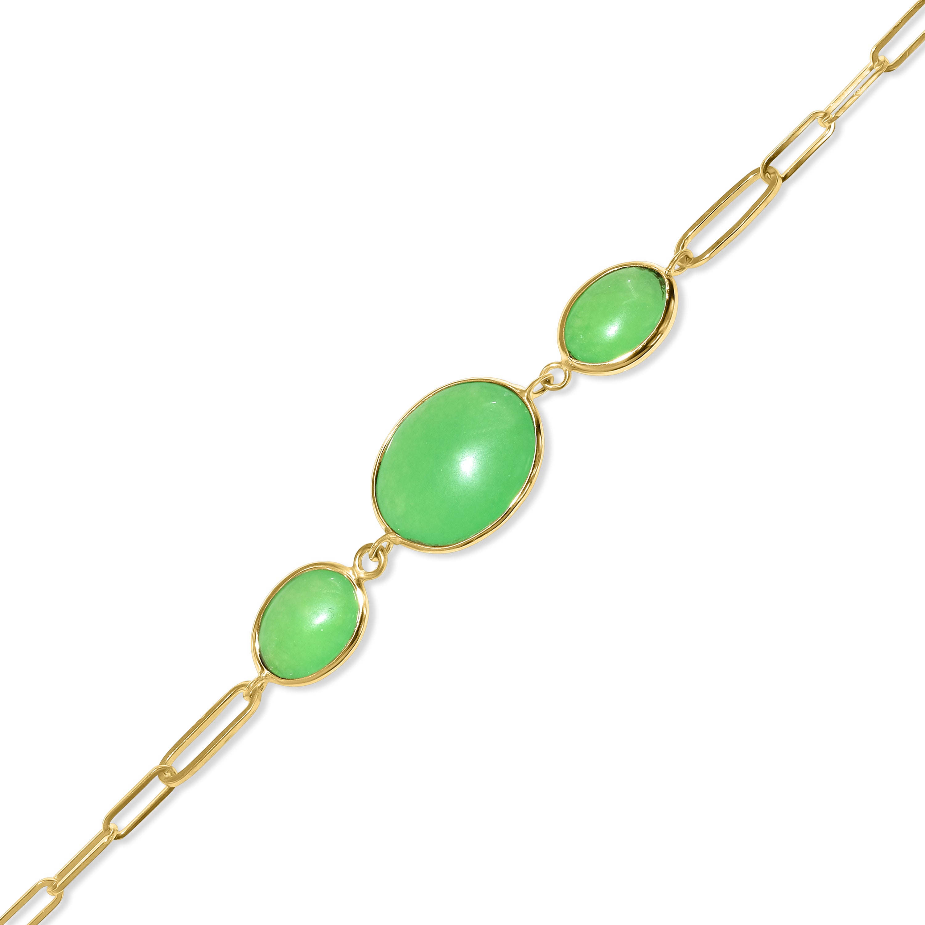 14k Green Jade 3 Oval Bezel Paperclip Bracelet