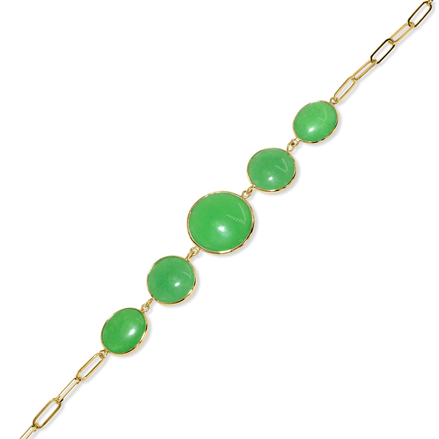 14k Green Jade 5 Bezel Paperclip Chain Bracelet