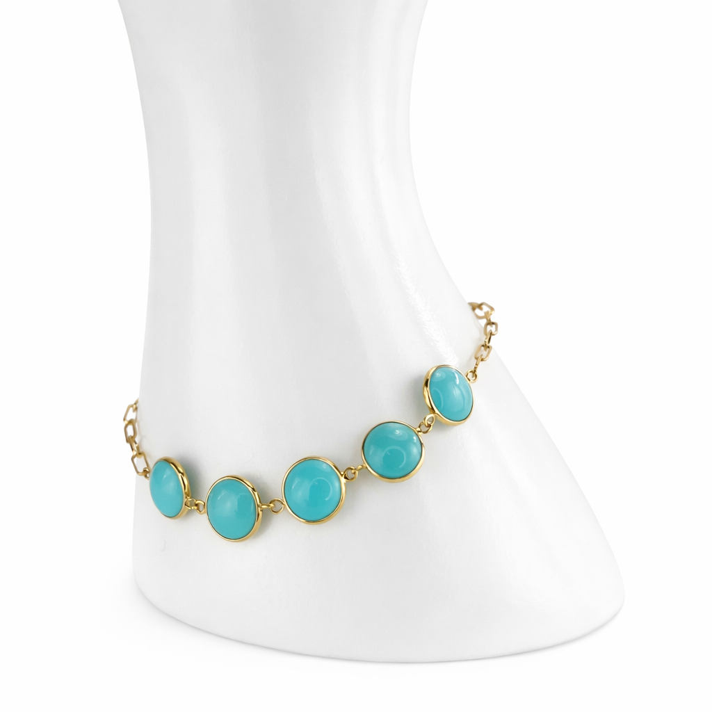 14k Turquoise 5 Round Bezel Paperclip Bracelet