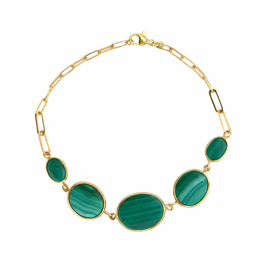 14k Malachite 5 Bezel Paperclip Bracelet