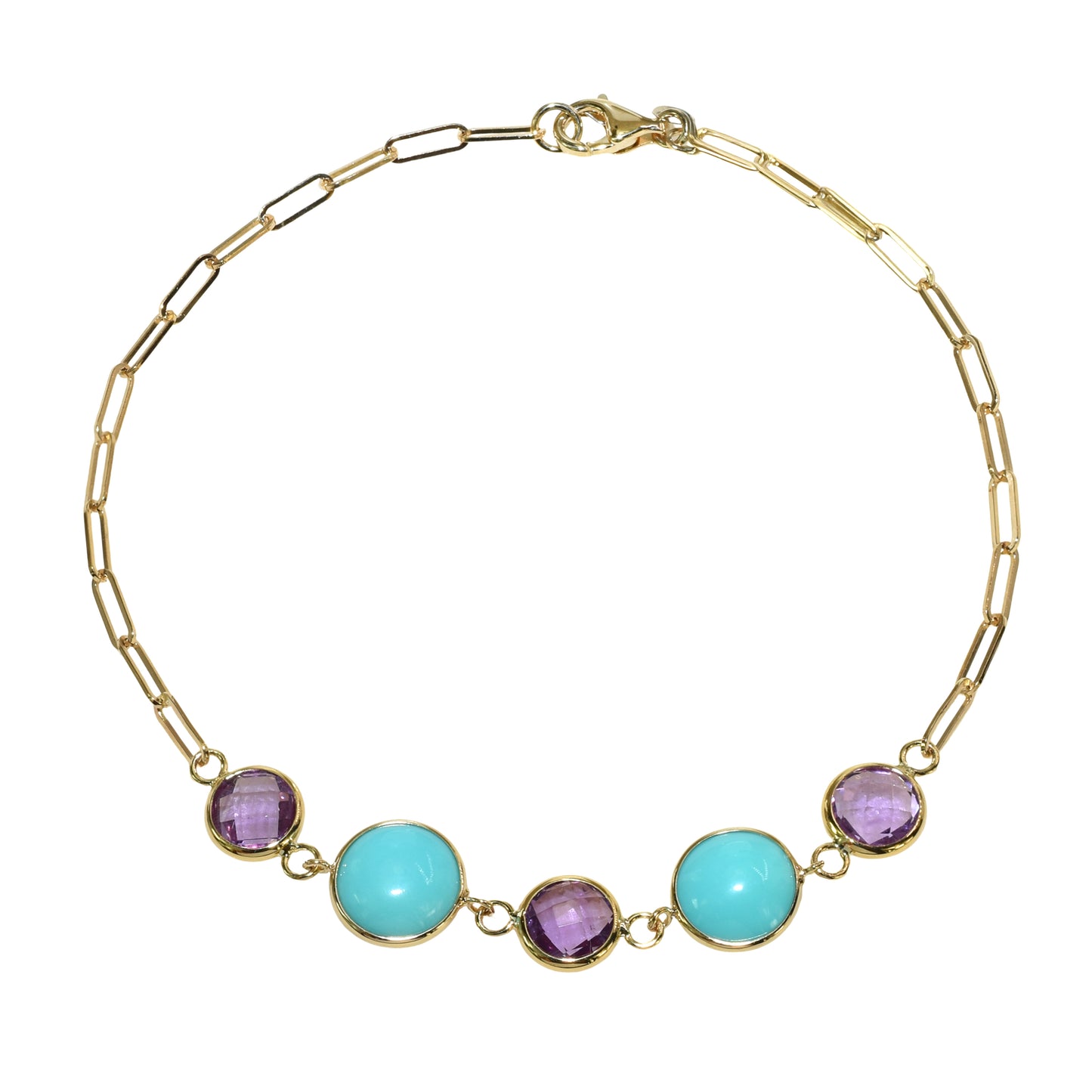 14k Amethyst Turquoise 5 Piece Link Paperclip Bracelet