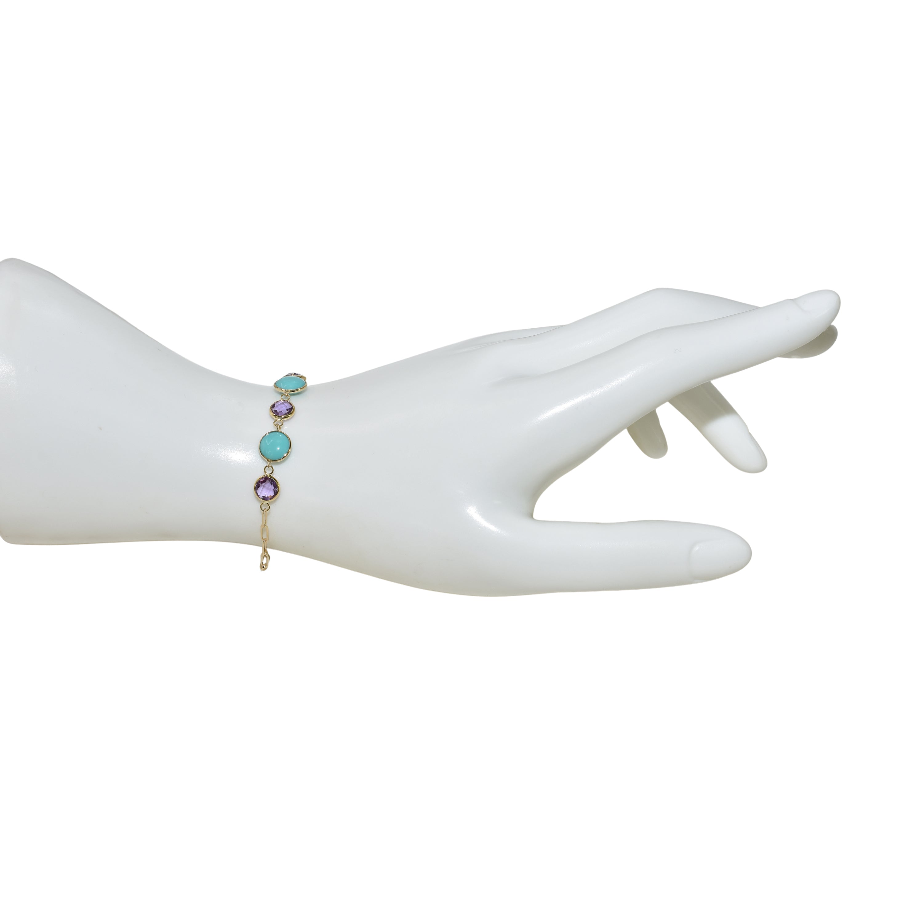 14k Amethyst Turquoise 5 Piece Link Paperclip Bracelet