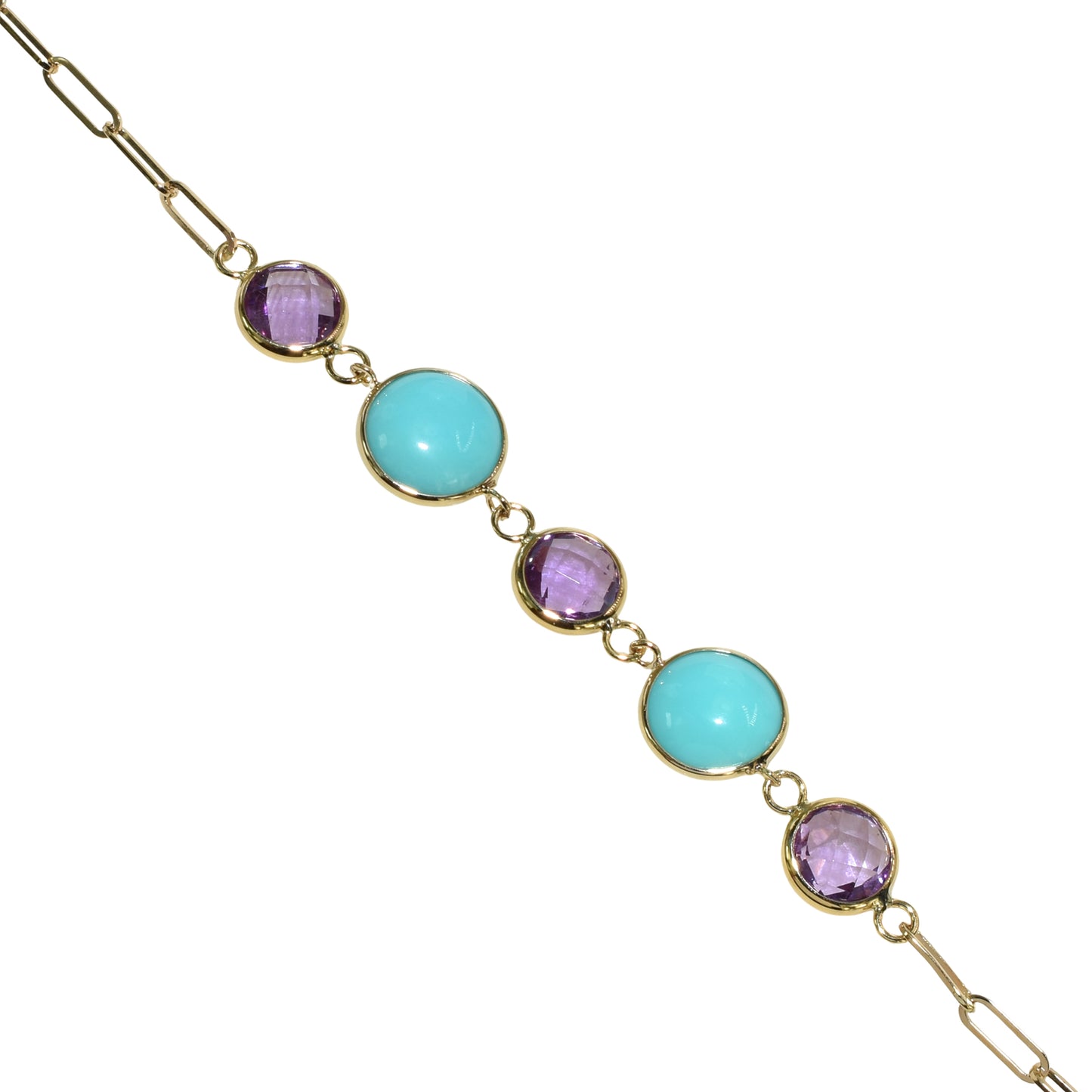 14k Amethyst Turquoise 5 Piece Link Paperclip Bracelet