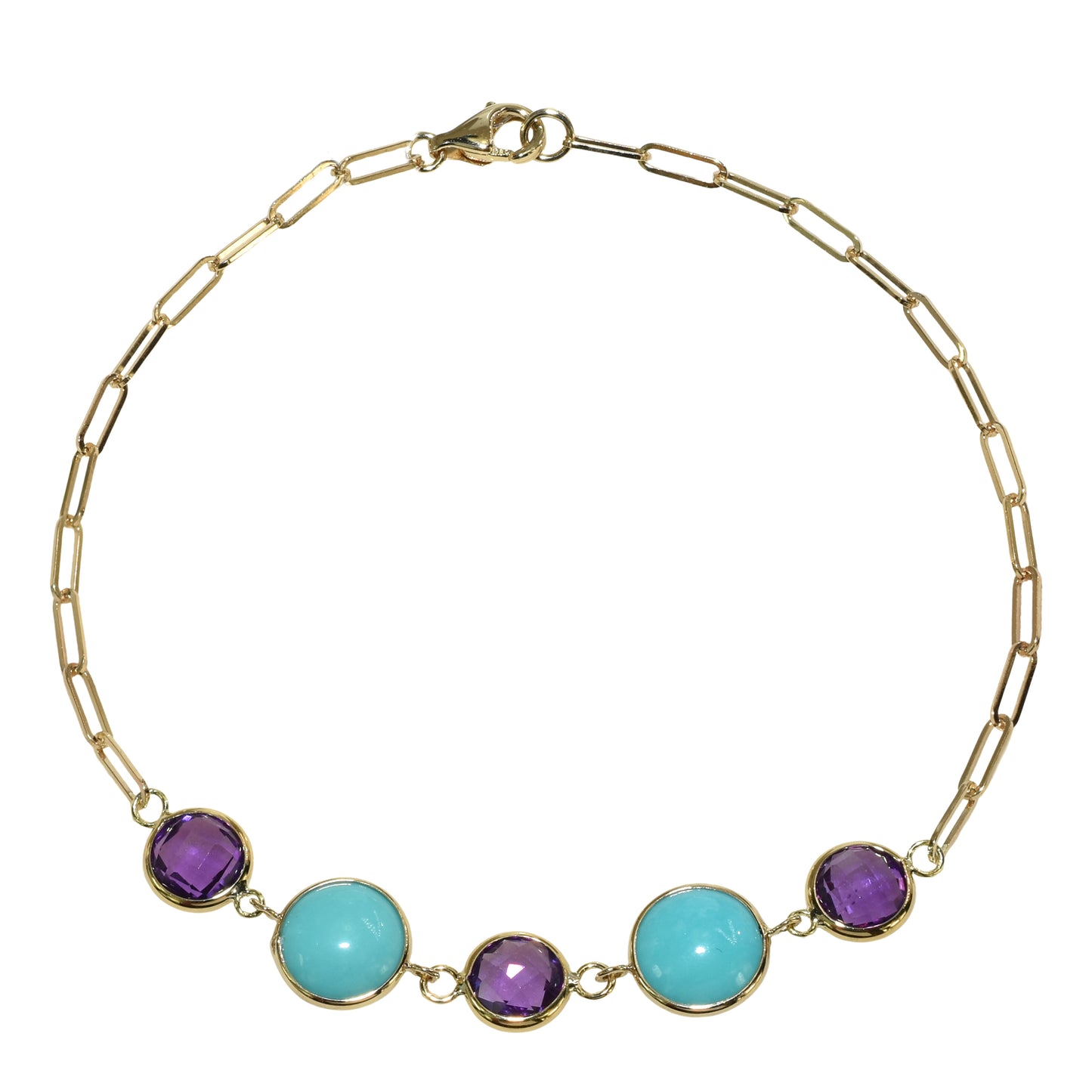 14k African Amethyst Turquoise 5 Piece Link Paperclip Bracelet
