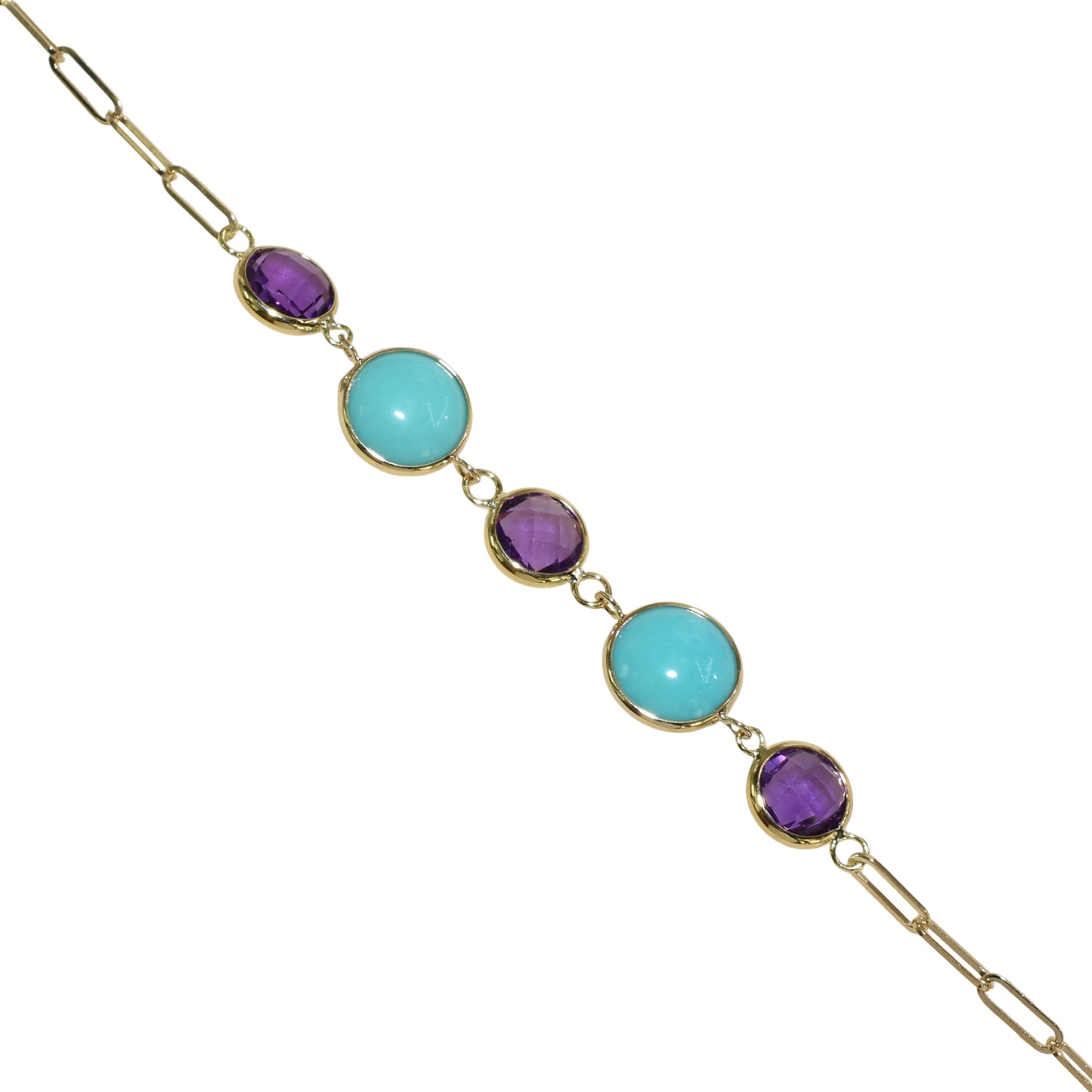 14k African Amethyst Turquoise 5 Piece Link Paperclip Bracelet