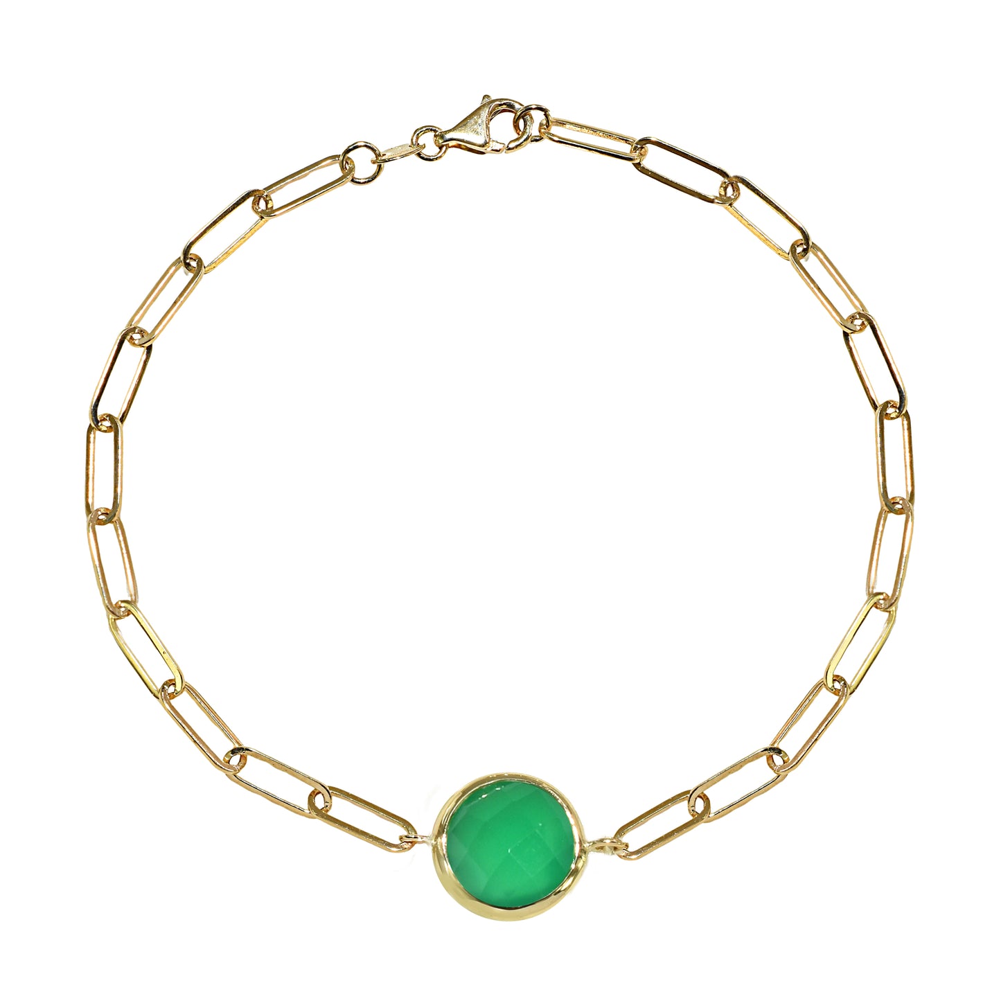14k Green Onyx Round Bezel Paperclip Bracelet