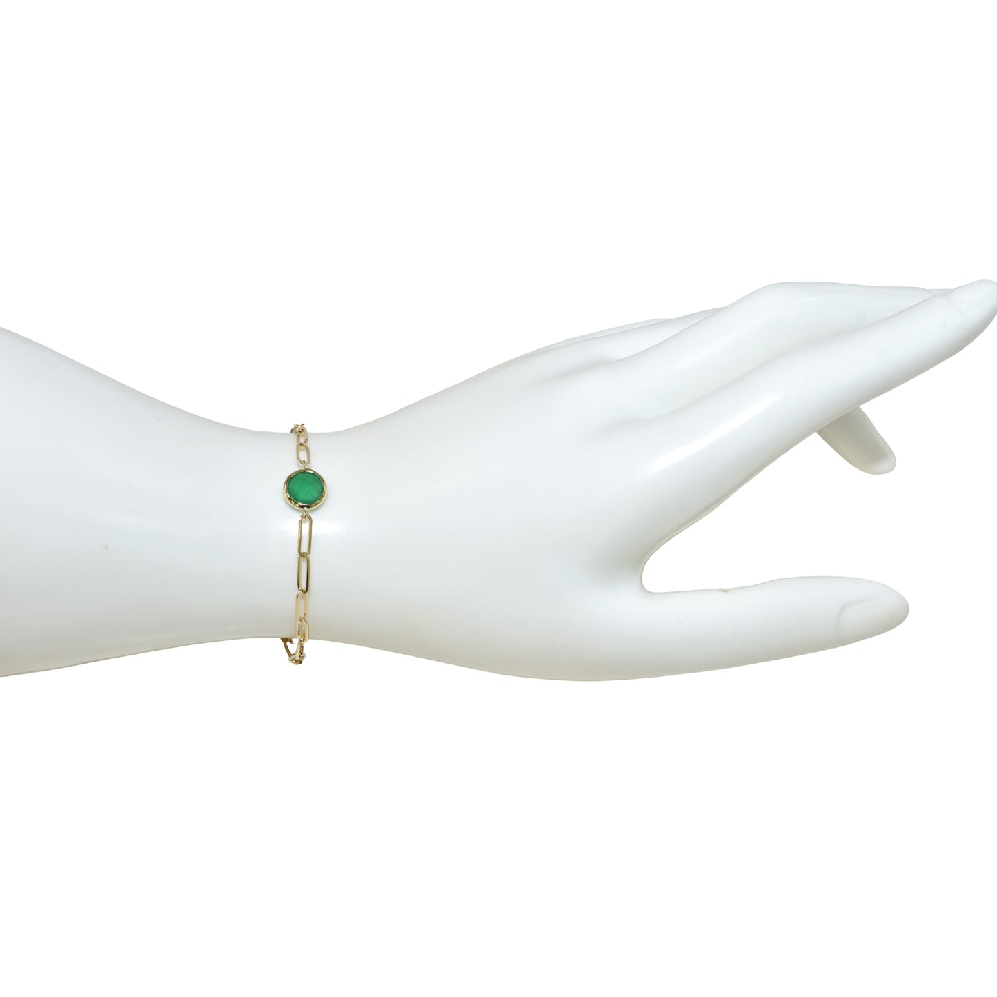 14k Green Onyx Round Bezel Paperclip Bracelet