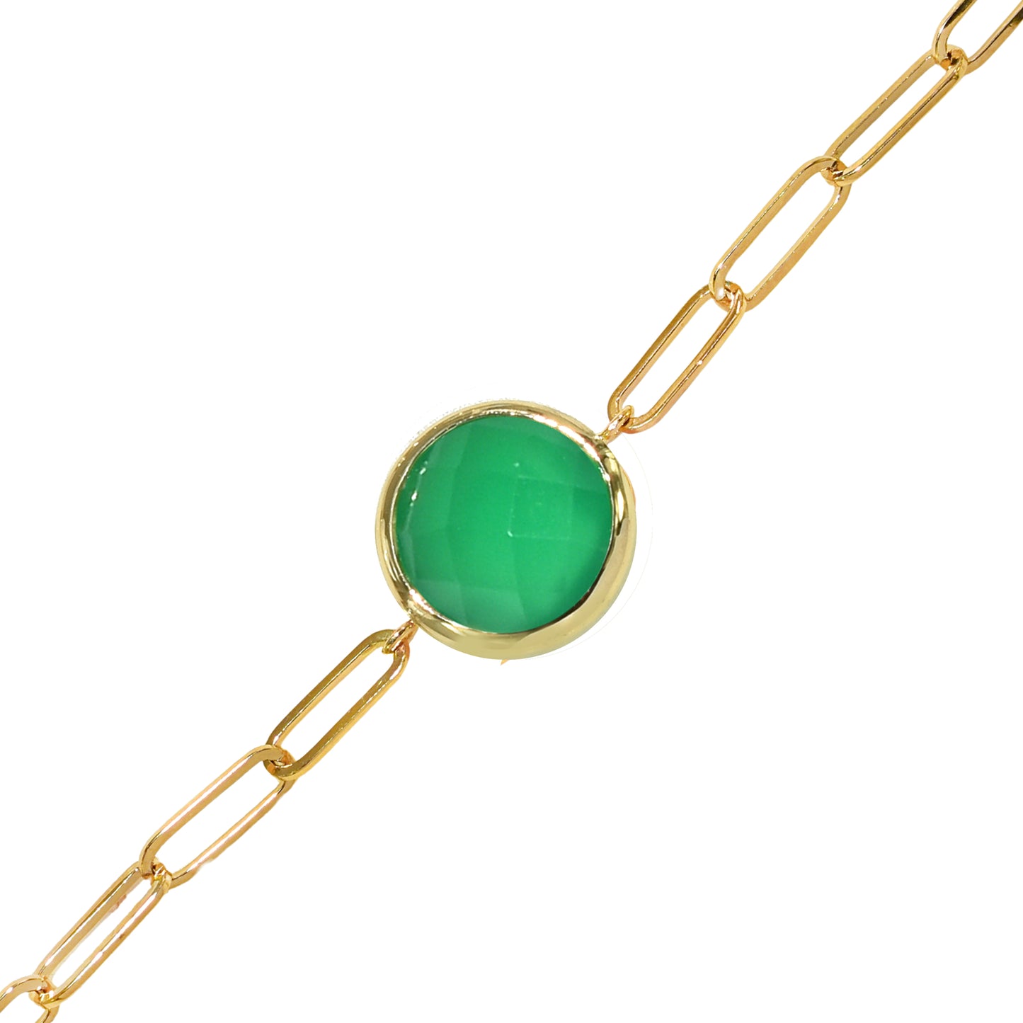 14k Green Onyx Round Bezel Paperclip Bracelet