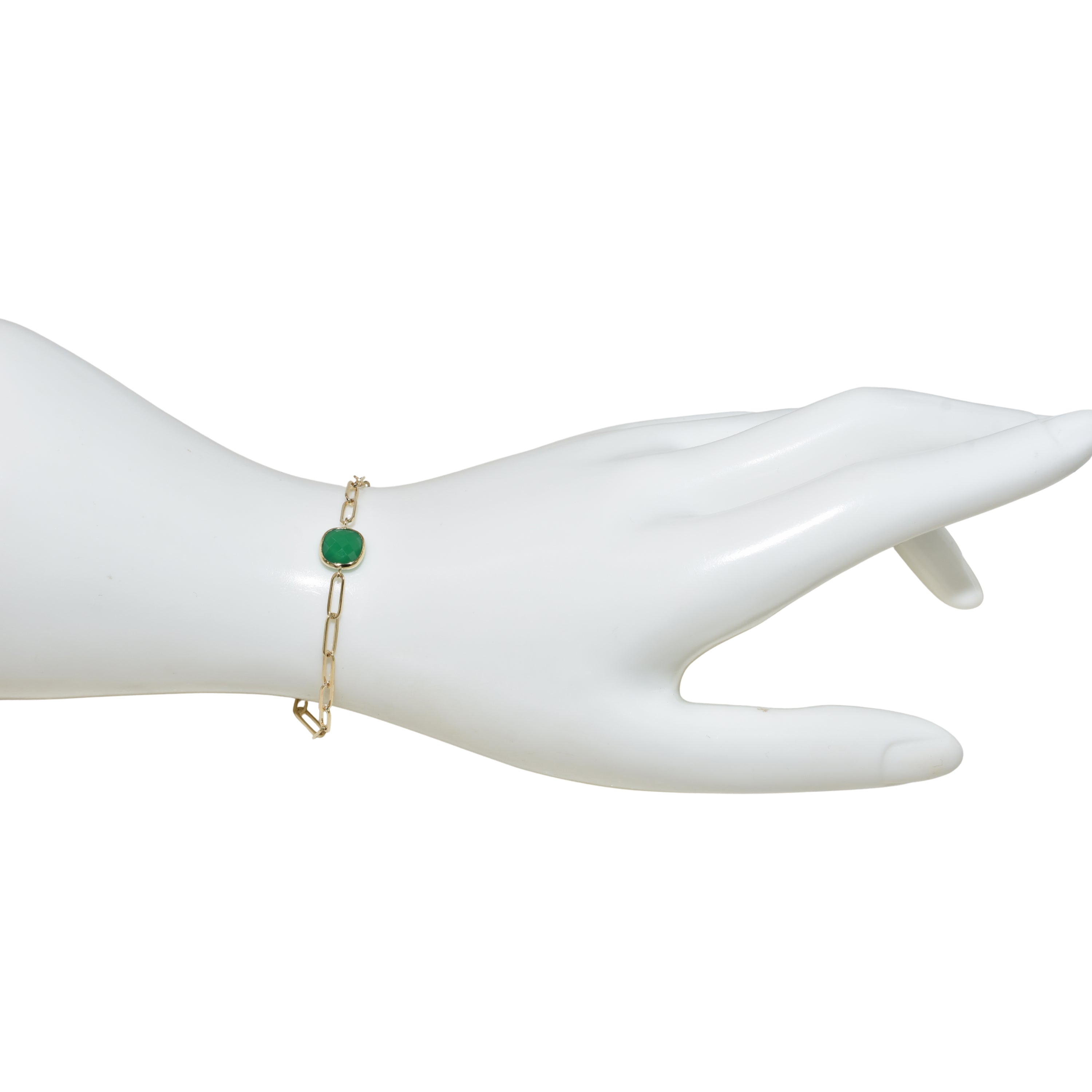 14k Green Onyx Cushion Bezel Paperclip Bracelet