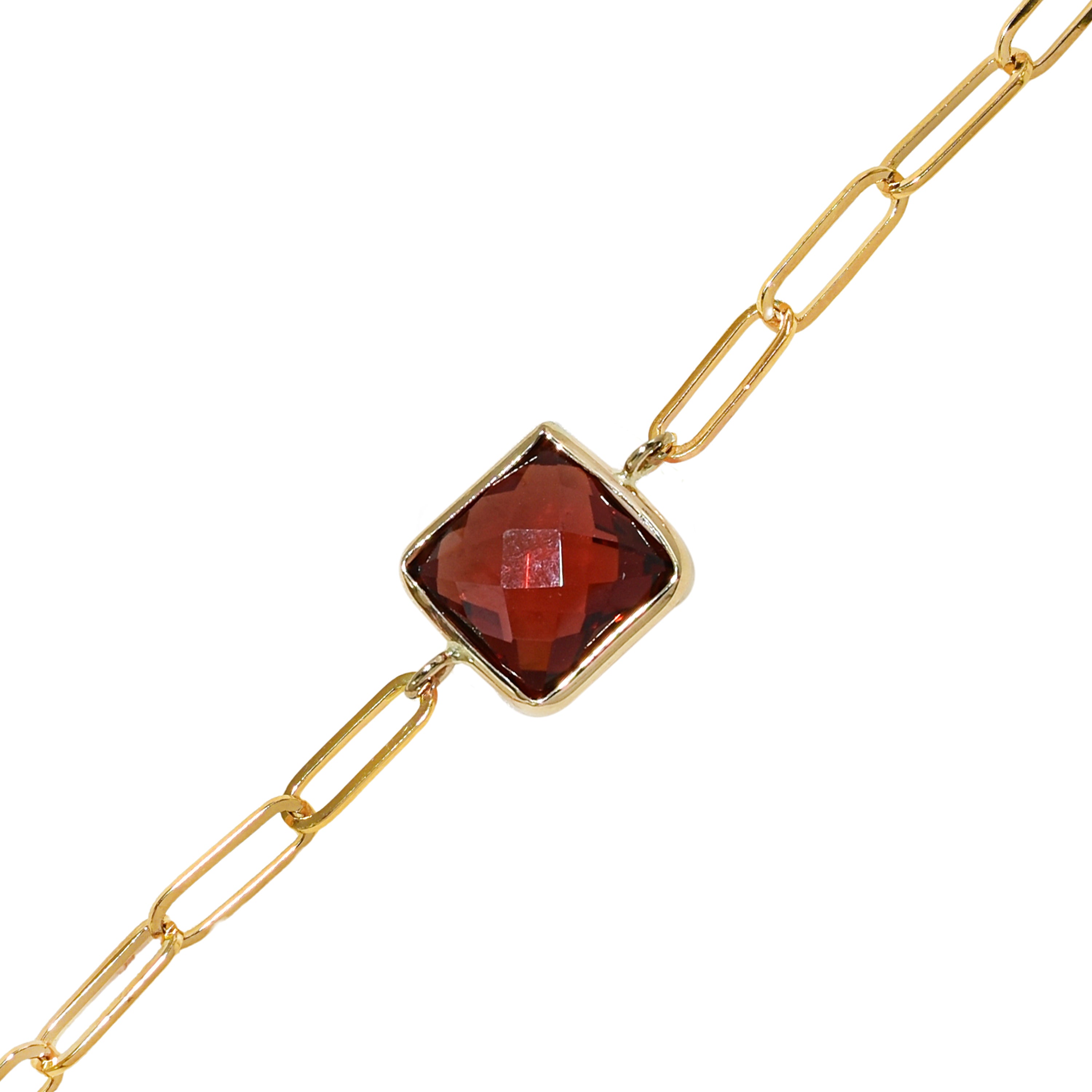 14k Garnet Square Paperclip Bracelet