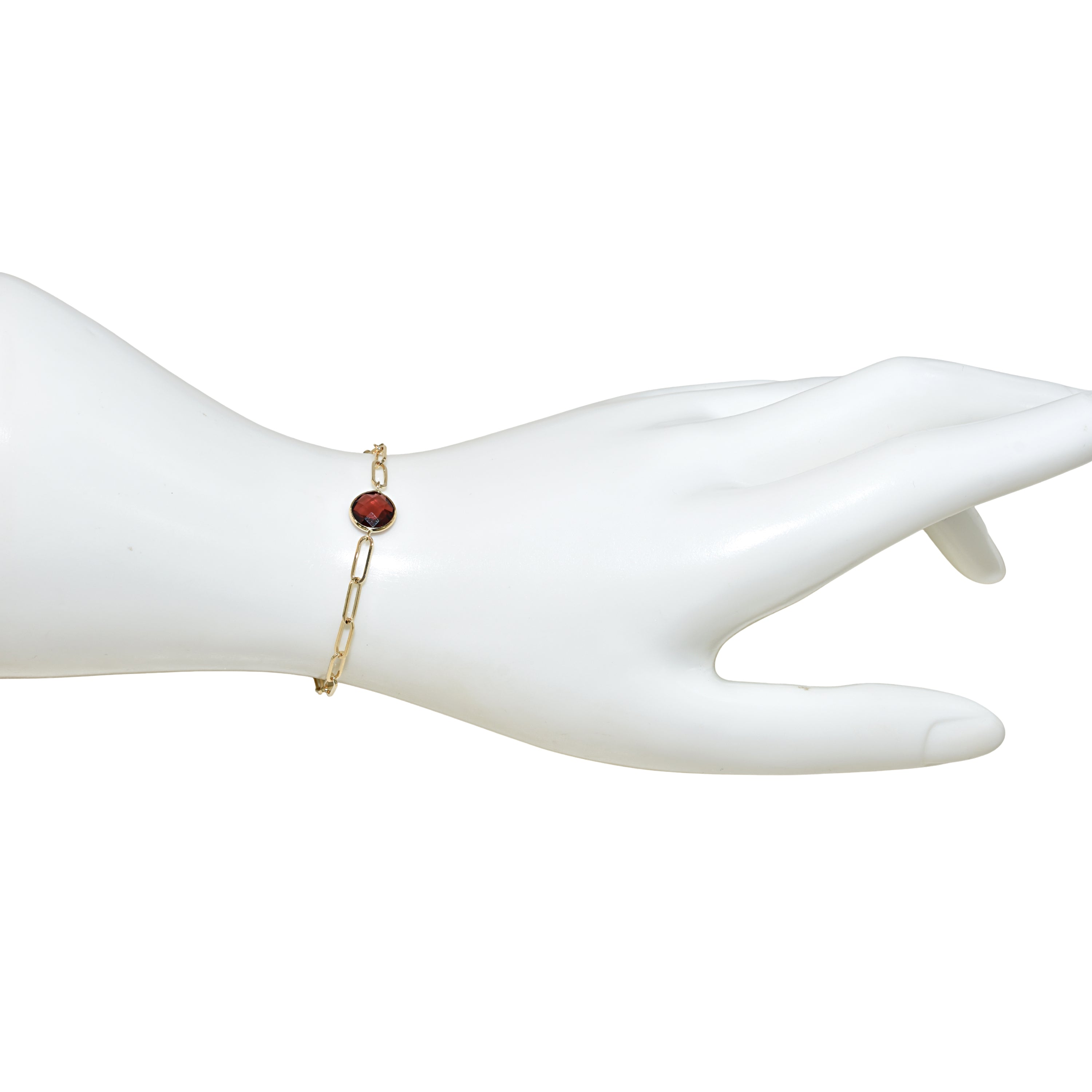14k Garnet Round Paperclip Bracelet