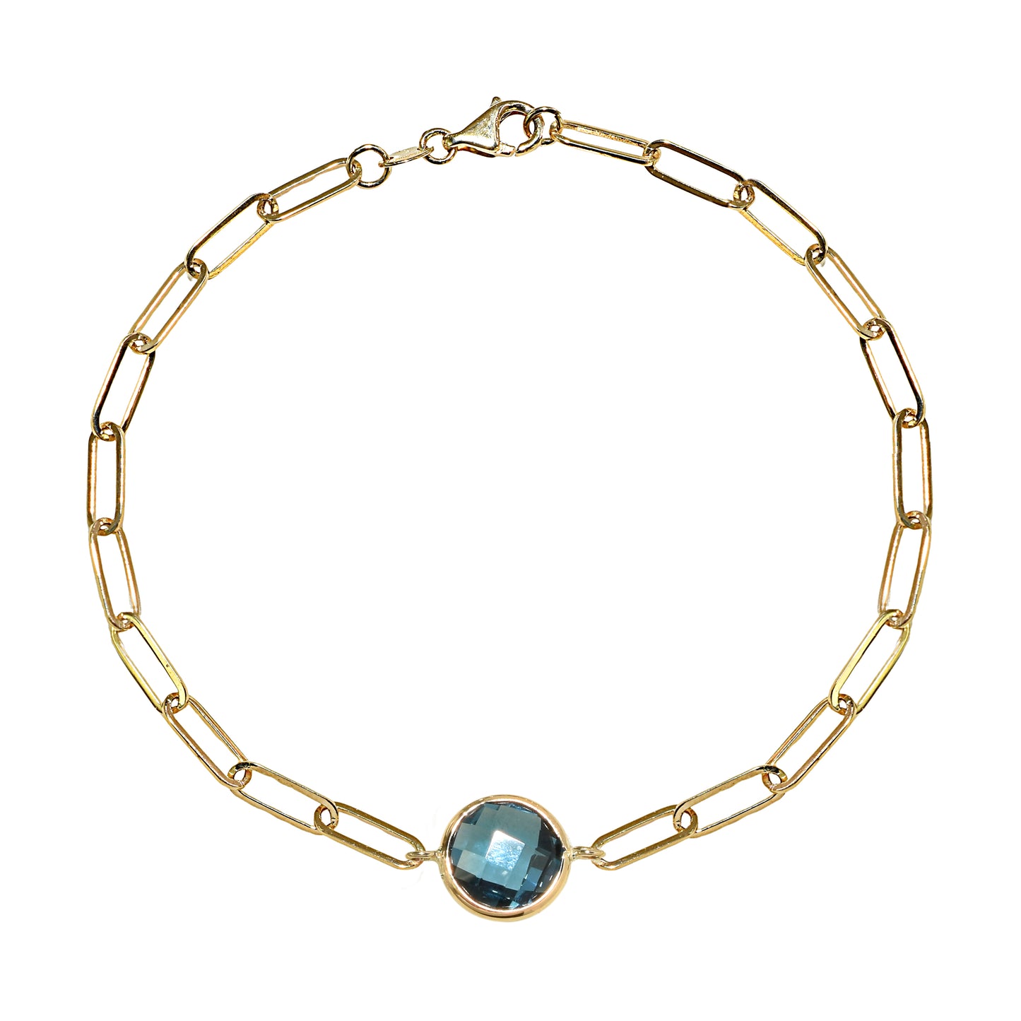 14k London Blue Topaz Round Paperclip Bracelet