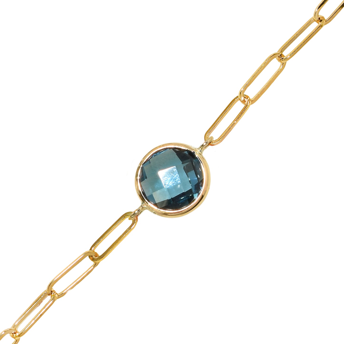 14k London Blue Topaz Round Paperclip Bracelet