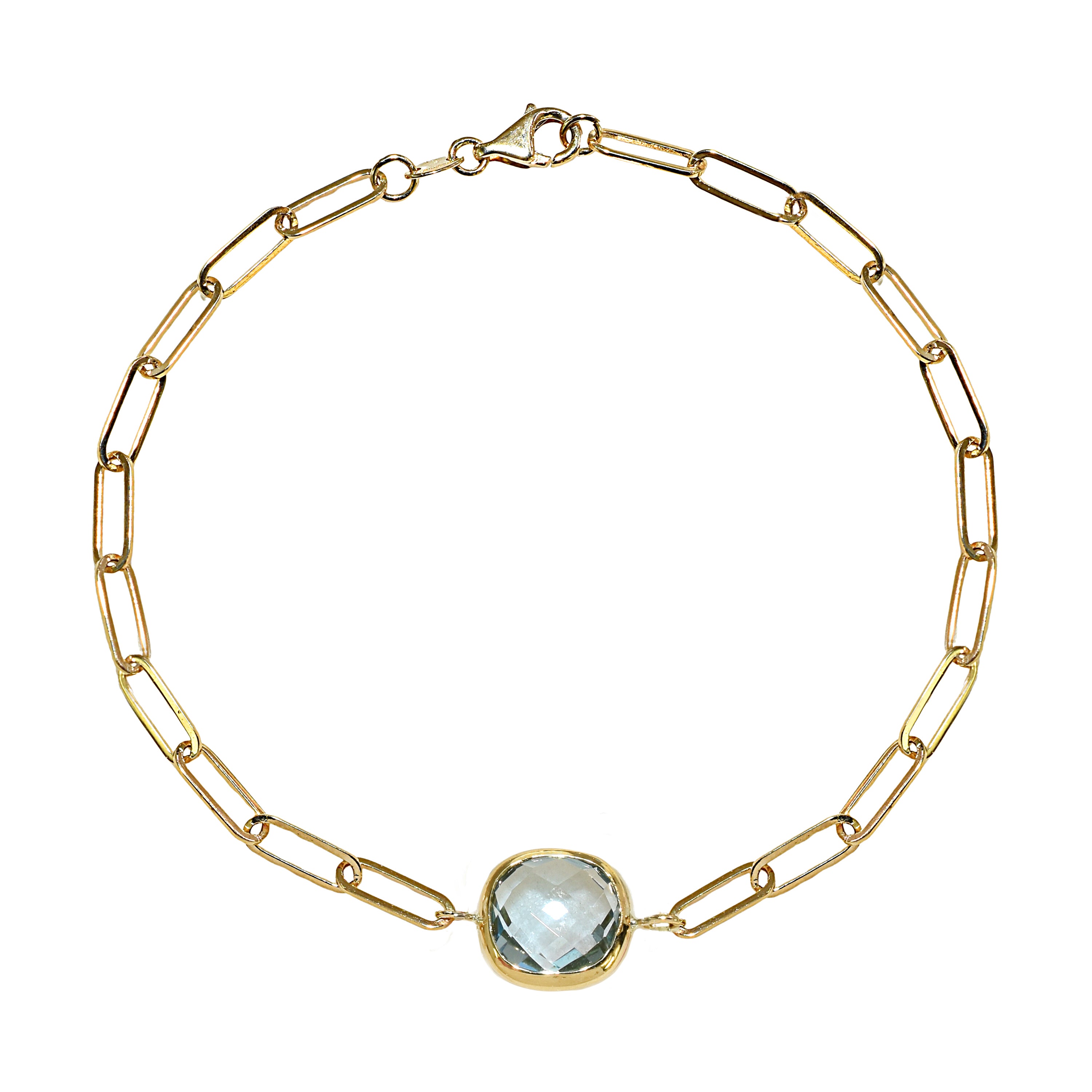 14k Blue Topaz Cushion Paperclip Bracelet