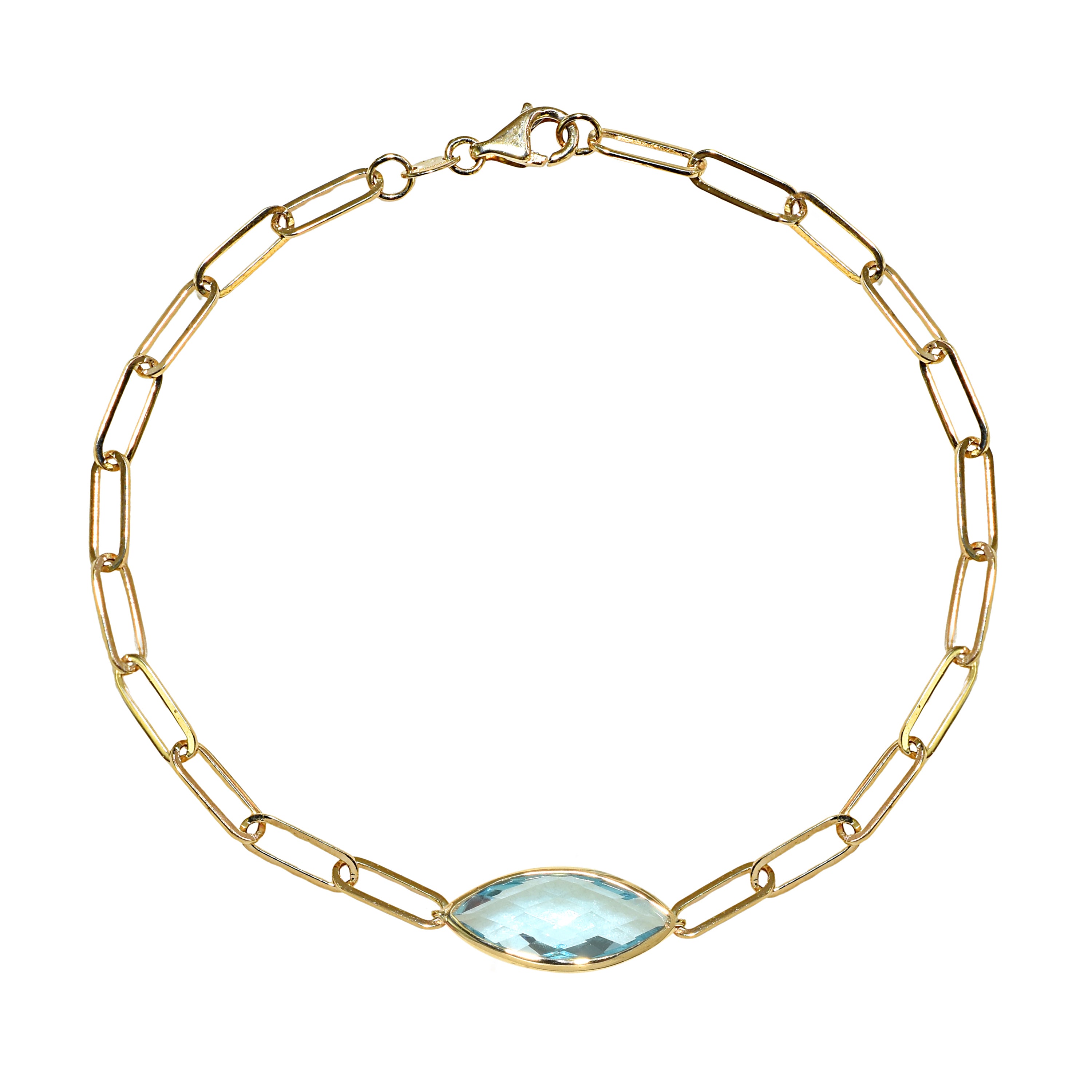 14k Blue Topaz Marquise Paperclip Bracelet