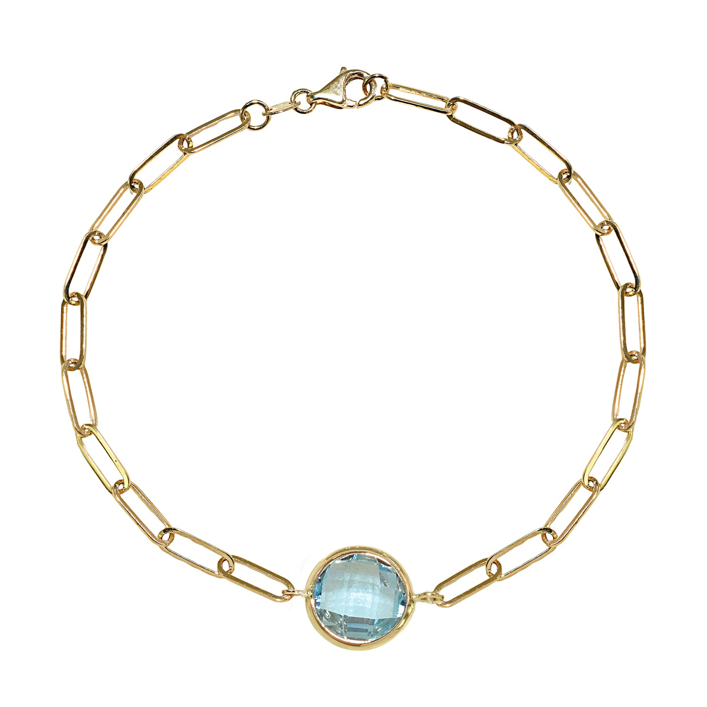 14k Blue Topaz Round Paperclip Bracelet