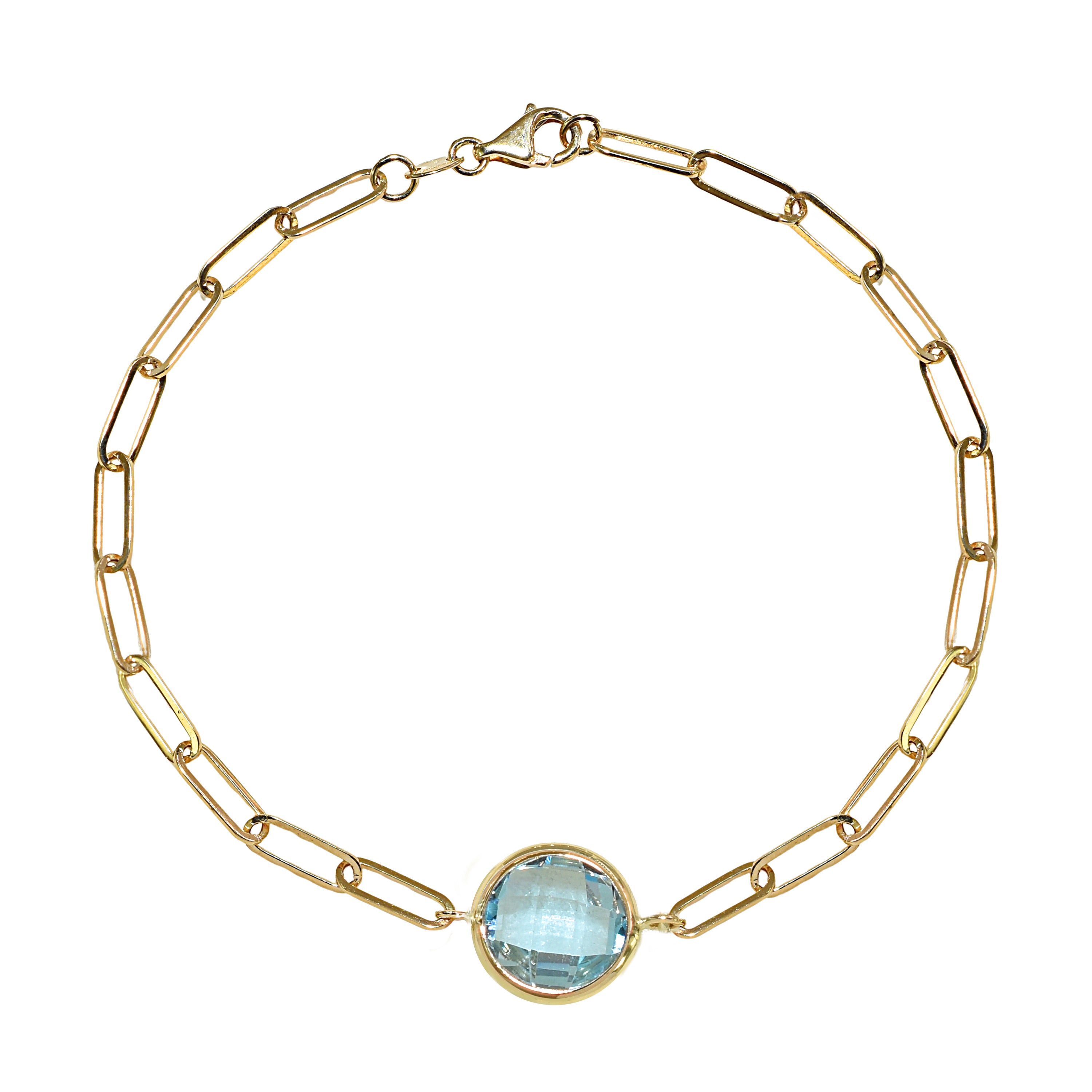 14k Blue Topaz Round Paperclip Bracelet