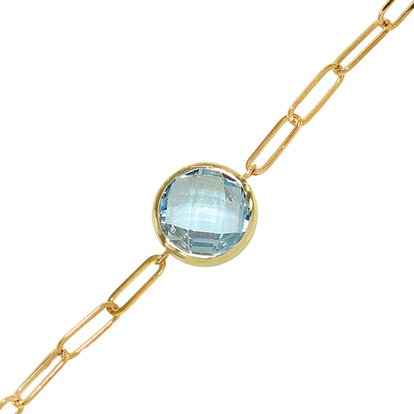 14k Blue Topaz Round Paperclip Bracelet