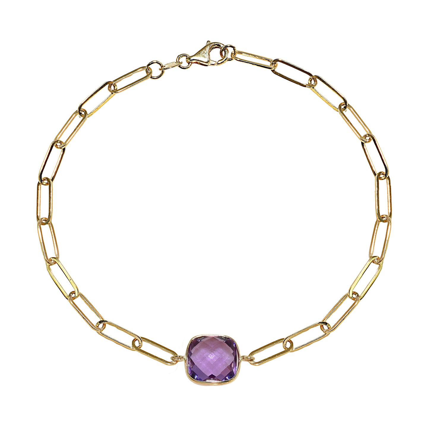 14k Amethyst Cushion Paperclip Bracelet
