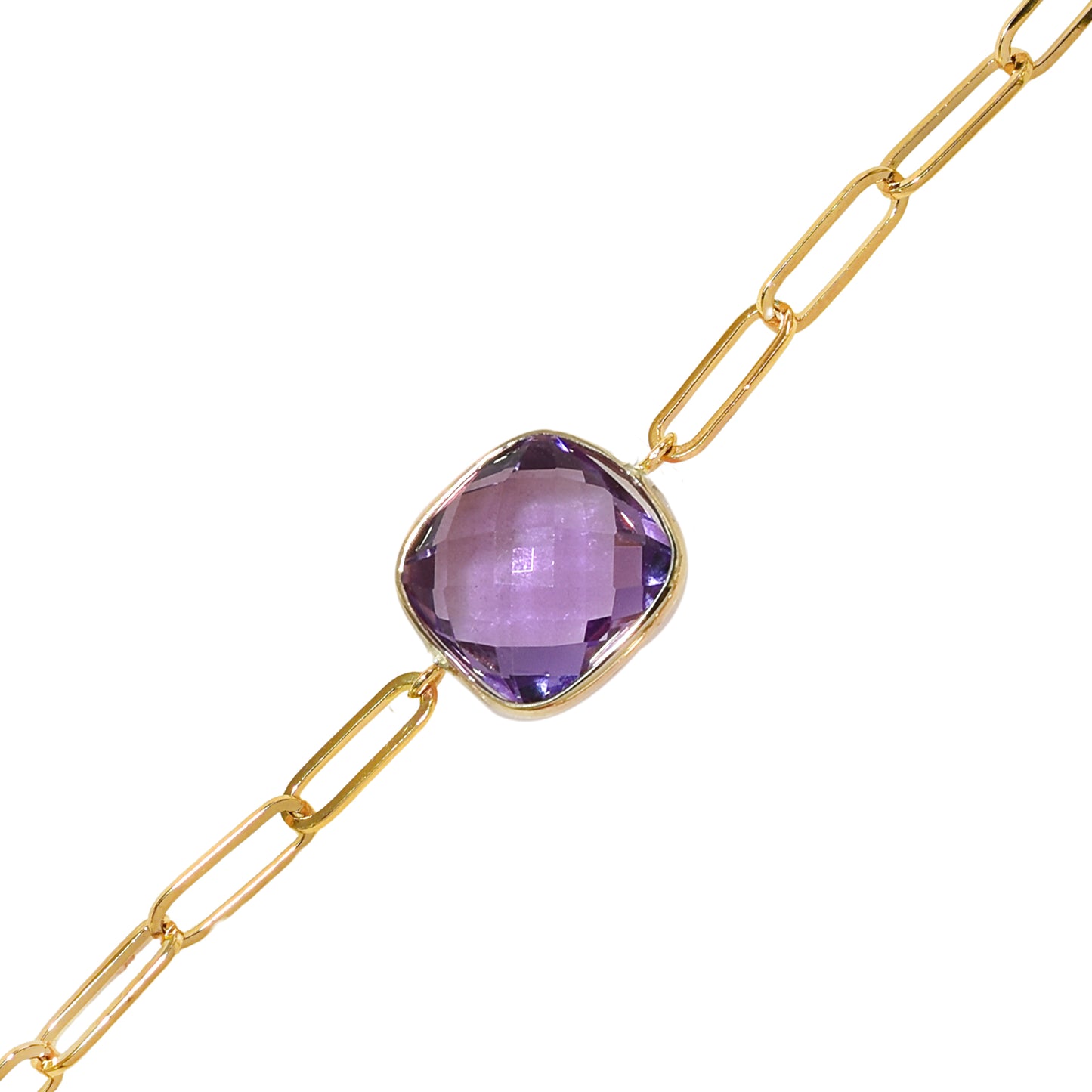 14k Amethyst Cushion Paperclip Bracelet