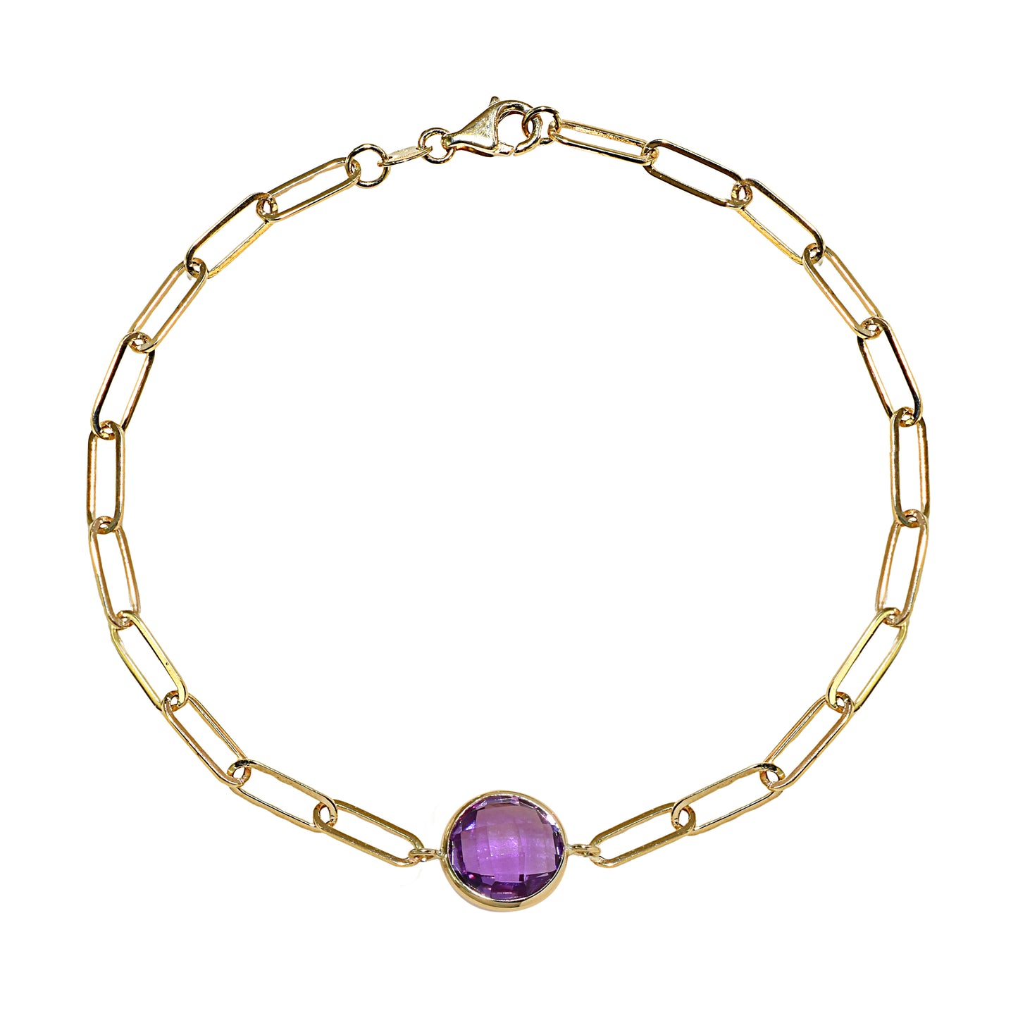 14k Amethyst Round Paperclip Bracelet