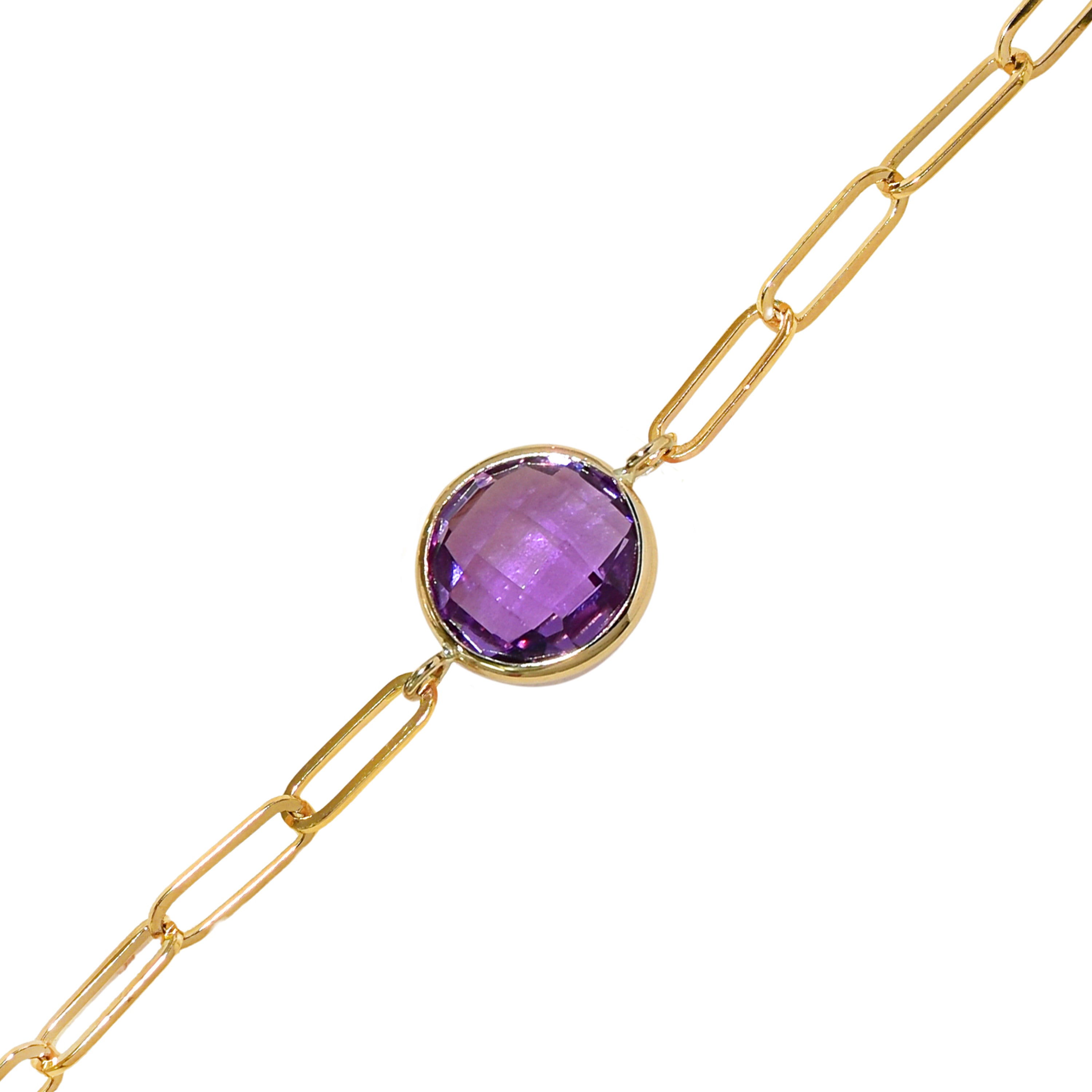 14k Amethyst Round Paperclip Bracelet
