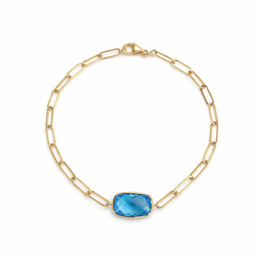 14k Swiss Blue Topaz Elongated Cushion Paperclip Bracelet